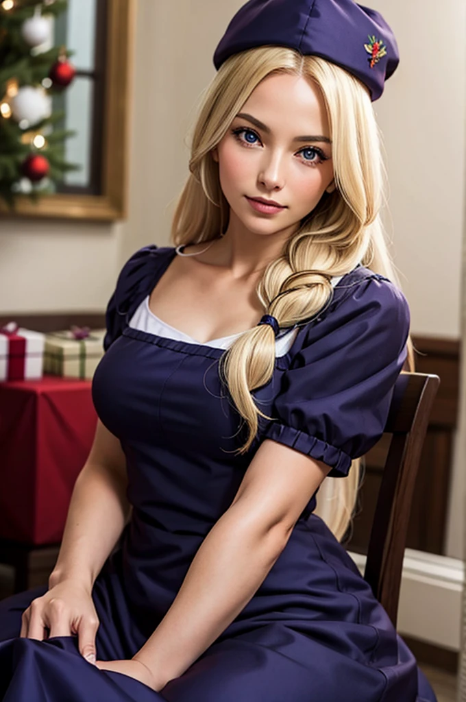 1woman, realistic, detailed, sitting, purple eyes, Christmas tree, Christmas gift, beautiful face, waist, perfect hands, Long blonde hair, bag, Dark blue dress, beautiful face, red Christmas hat
