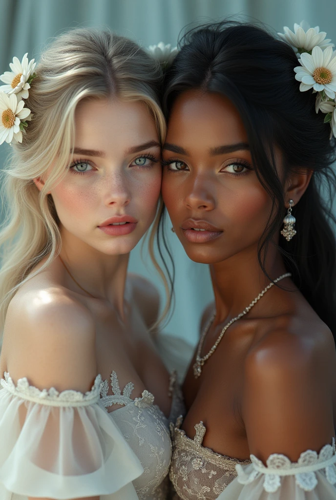 Women of different races: Thai Japanese skin color: White face: Cute background: Green grass, lying on the grass wearing thin white nightgown with a sexy pose