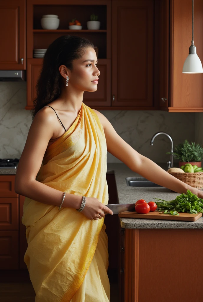 1girl, sexy, 35 years old Indian woman, (mature woman:1.3, middle aged bhabhi,cutting vegetables in kitchen, (freckles:0.2), kitchen, detailed background, indoor, hires, (photorealistic:1.4), wide shot, full body photo, wearing transparent saree, ((full saree)), beautiful fluffy saree, thick curvy aunty, highly detailed, hyper realistic, traditional colourful saree, wind blowing, big chest, dusky skin, most beautiful woman, sexy body, sexy eyes nose lips,seductive face, superb lighting, shot from above, shot from some distance, wide angle view, a shirt less older man watching her in behaind his Right hand in Below the waist