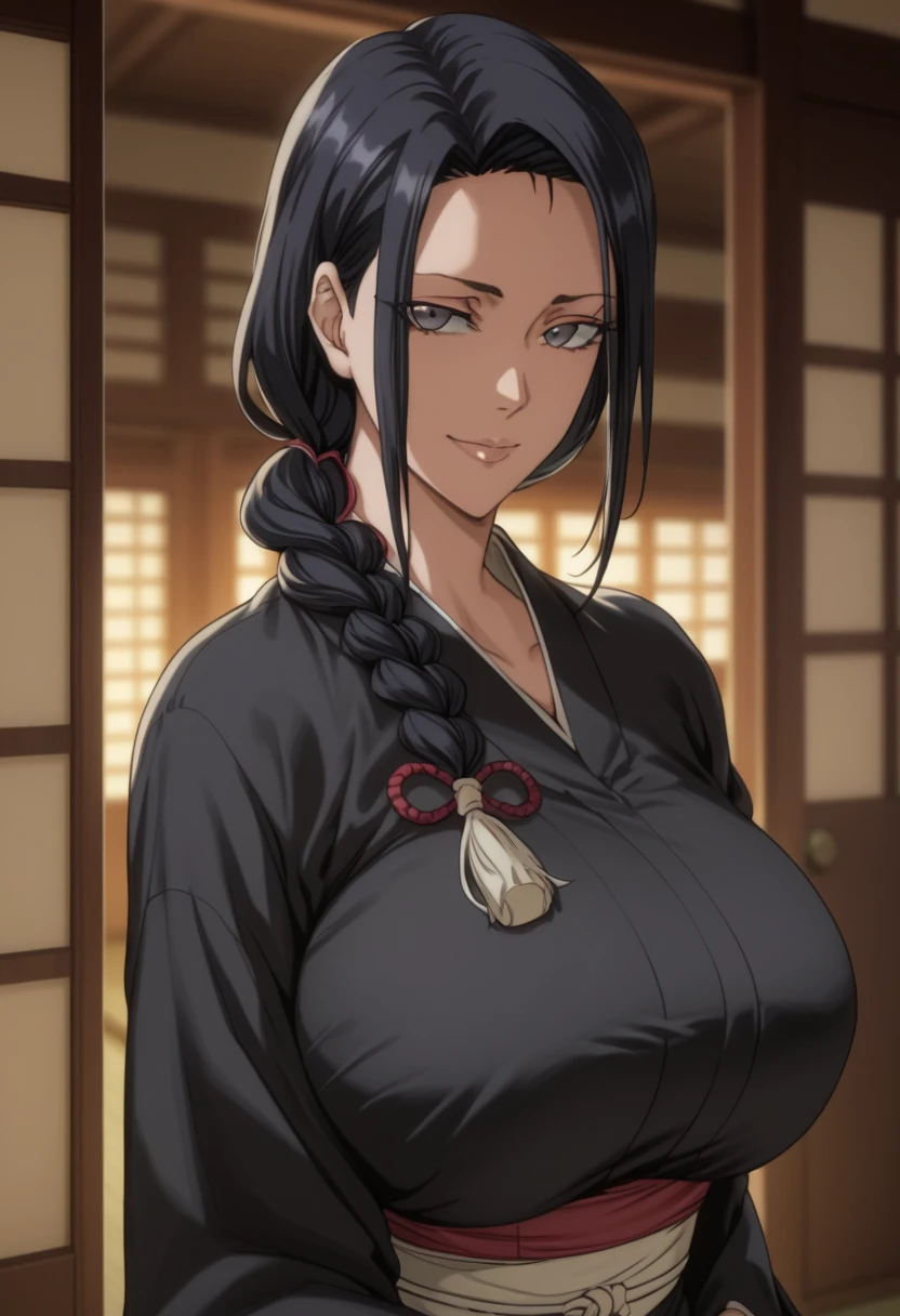 Look up、 Black Kimono、( mature woman :1.4)、Poisonous woman 、50 years old、Captivating smile、 black hair、 up hair 、Married women、 de emphasizing trust 、Japanese-style room Unohana retsu Shinigami captain shihakushō apart from using an obi instead of the normal sash, which hides her well-endowed breasts. Her hair is long and is always worn as a large breasts Bleach、bleach thousand -year blood war 
big breasts braided hair coat huge breasts kimono looking at viewer single braid white 