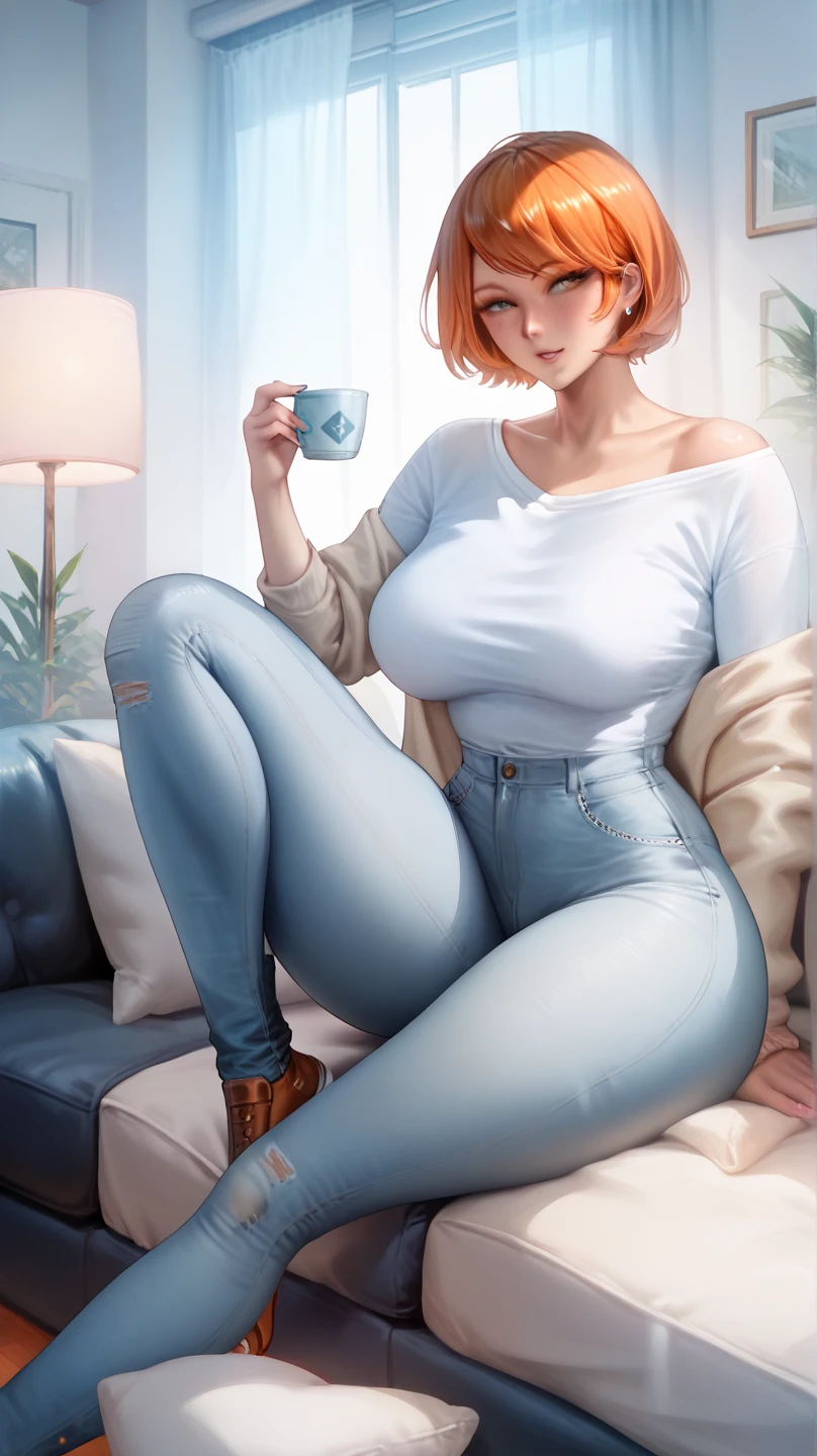 A beautiful Korean mom with thick thighs and orange short hair, sitting on the couch in the living room, wearing a white shirt and jeans. 