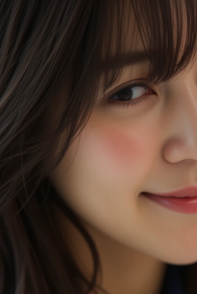 A close-up of an East-Asian woman with long black hair, her bangs falling prominently over her right eye, partially obscuring it, as she smiles warmly and looks directly at the camera, soft lighting, smooth skin, cinematic focus, and natural expression.