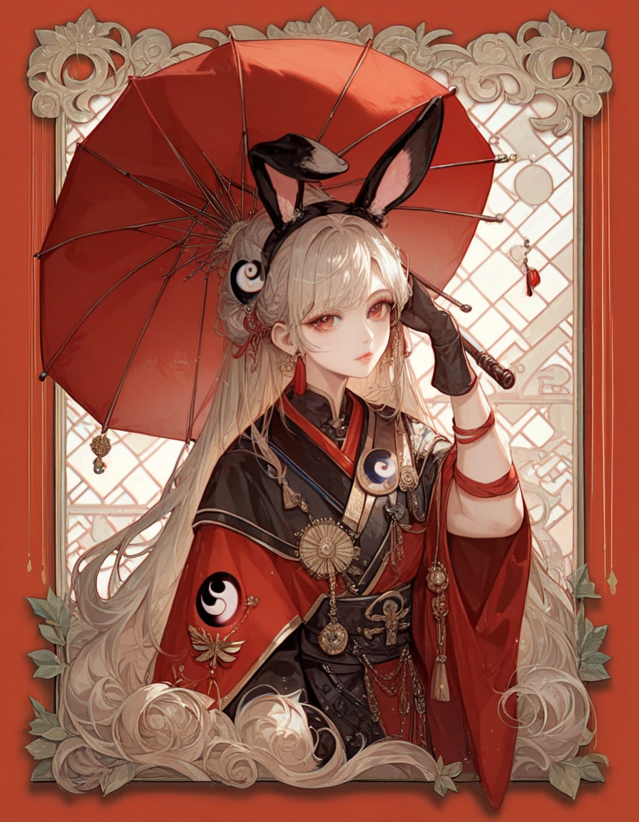 Yin and Yang head left white right black rabbit ears left black right white female costume Jianghu Knight holding a red umbrella, light red eyes, head imprint, red line 8k virtual character design character concept table, ancient design, best quality, full body portrait