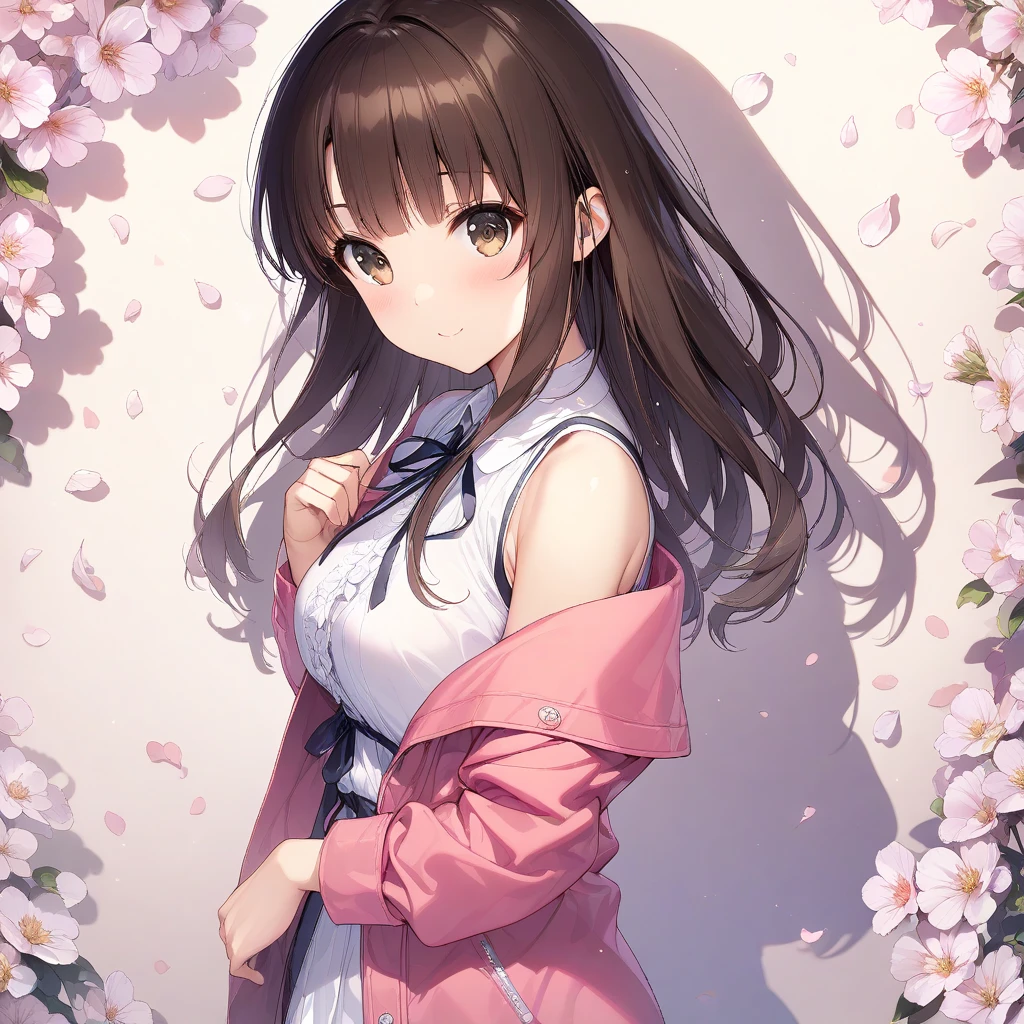 (masterpiece),( top quality),( ultra detail ),( Best Illustrations),( best shadow),( absurd),( Detailed Background ),(  very aesthetic ), Megumi Katou,  1 girl, Alone, Brown Hair, smile, flower,  brown eyes, looking at viewer, bangs,  Sleeveless,  jacket,  long hair, pink  jacket, ribbon,  petals,  dress 