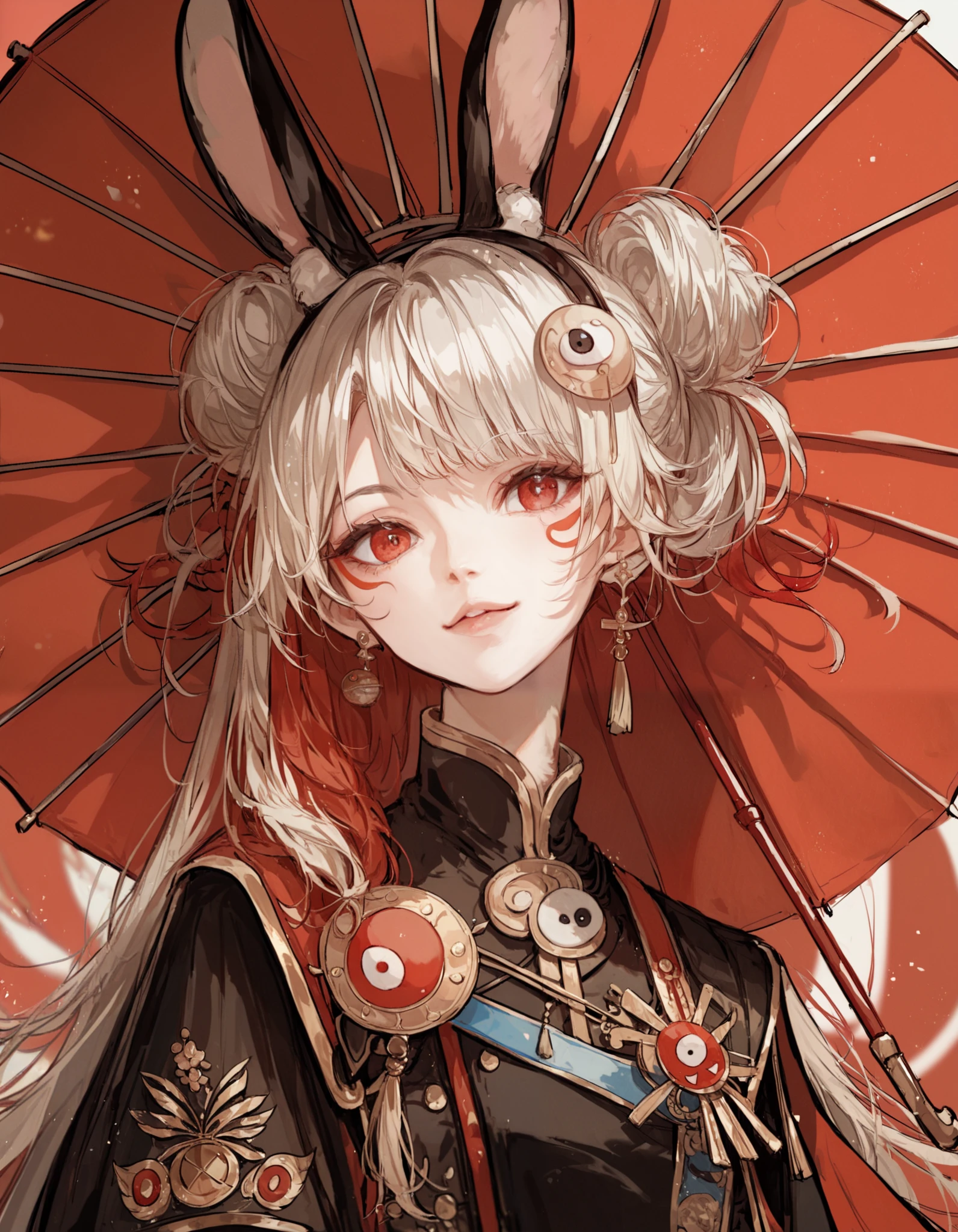 Yin and Yang head left white right black rabbit ears left black right white female costume Jianghu Knight holds a red umbrella, single red pupil, head stamp, red line, 8k virtual character design, character concept table, the ancient design is of the best quality 