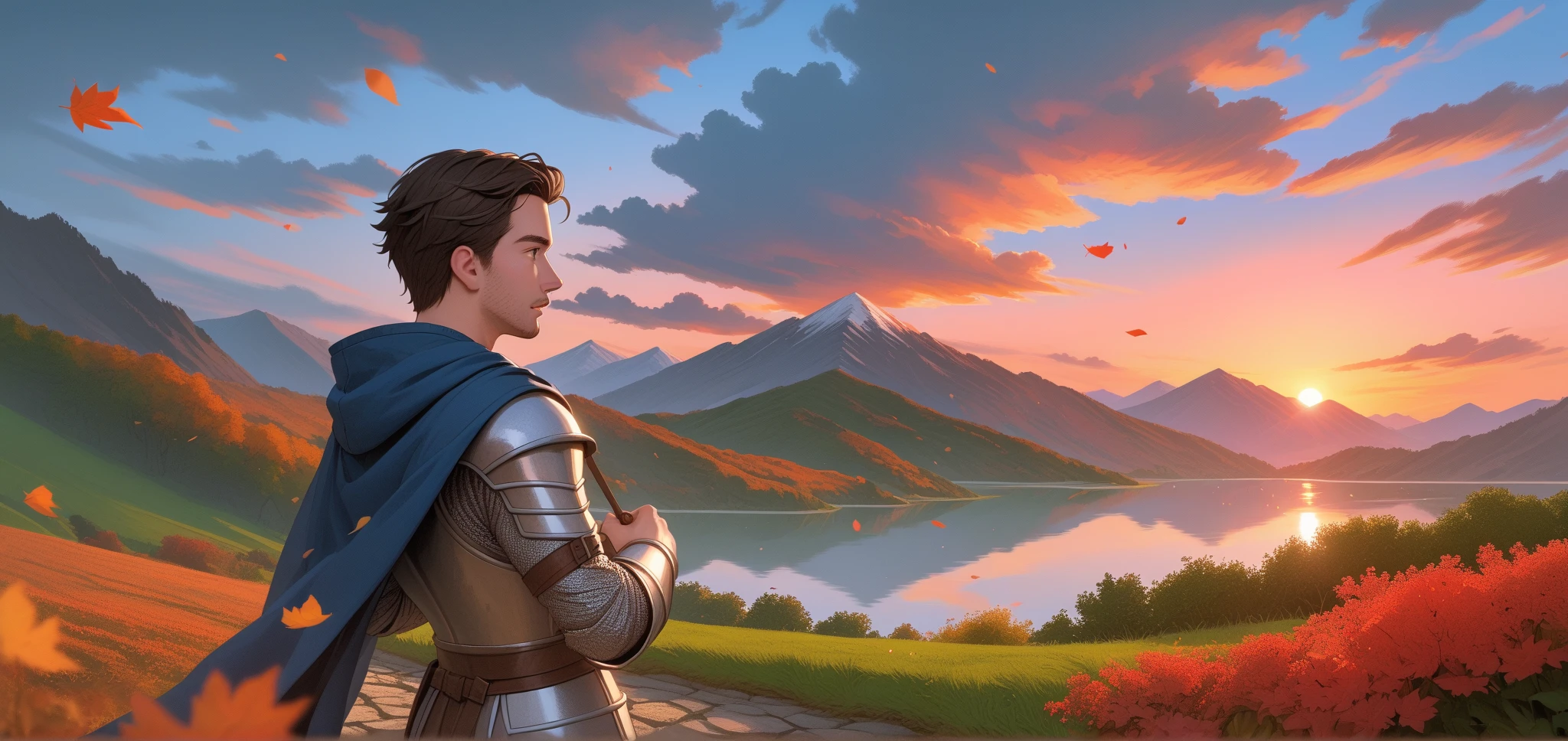 knight looking at the horizon, man, sunset, dark sky, dark blue cape,  silver armor,  well lit ,  depth of field,  Dark Brown Hair, hair in the wind, highly detailed,  high contrast ,  best quality ,  masterpiece ,  high definition , mountain, Lake, garden, autumn