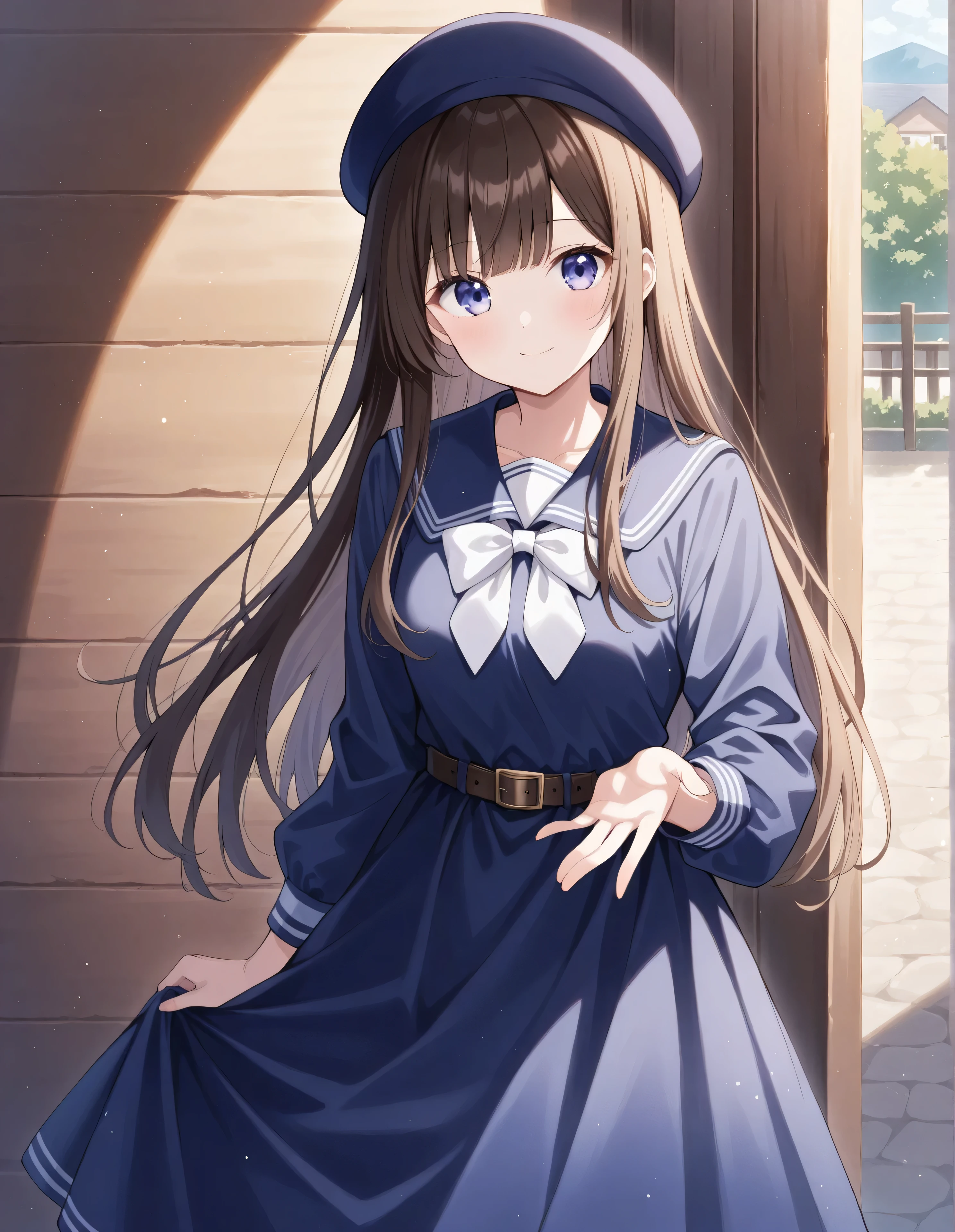  is written by, Gestures to introduce ,  1 girl,   Light Smile ,   looking at viewer,  cute round face,    long straight hair,  Detailed body, small tits, Wear a navy blue dress , Belt worn、 Long Sleeve ,  Daytime,  natural light, masterpiece,  top quality,  great quality,   very aesthetic , up to date,smile、Wear a beret 、The background is a rural town deep in the mountains of Japan