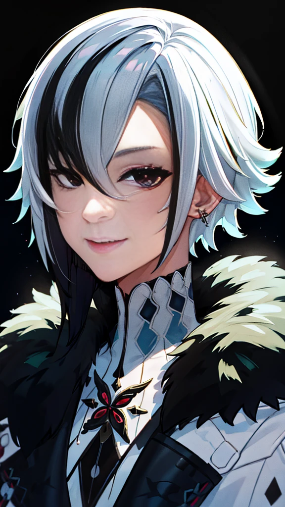 score_9,score_8_up,score_7_up,score_6_up,source_anime arlecchino gi, x-shaped pupils, 1girl, solo, multicolored hair, black hair, looking at viewer, hair between eyes, short hair, white hair, streaked hair, earrings, jewelry, bangs, smile, red lips, portrait, closed mouth, grey hair, gloves, black background