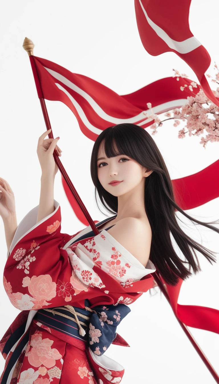 (((White background、White World)))、8k、wallpaper、 ultra-detailed、Beautiful aesthetic、​masterpiece、 top quality、 One Girl 、  beautiful black hair  、 long hair on background、 Japanese 、Big Pink、 red kimono、Japanese Dress、 very detailed with crimson hair、 dynamic angle 、 Cowboy Shot 、The most beautiful shape、 elegant 、 bright color、Romance、 vibe、(((White background、Pure white background、Japanese flag)))