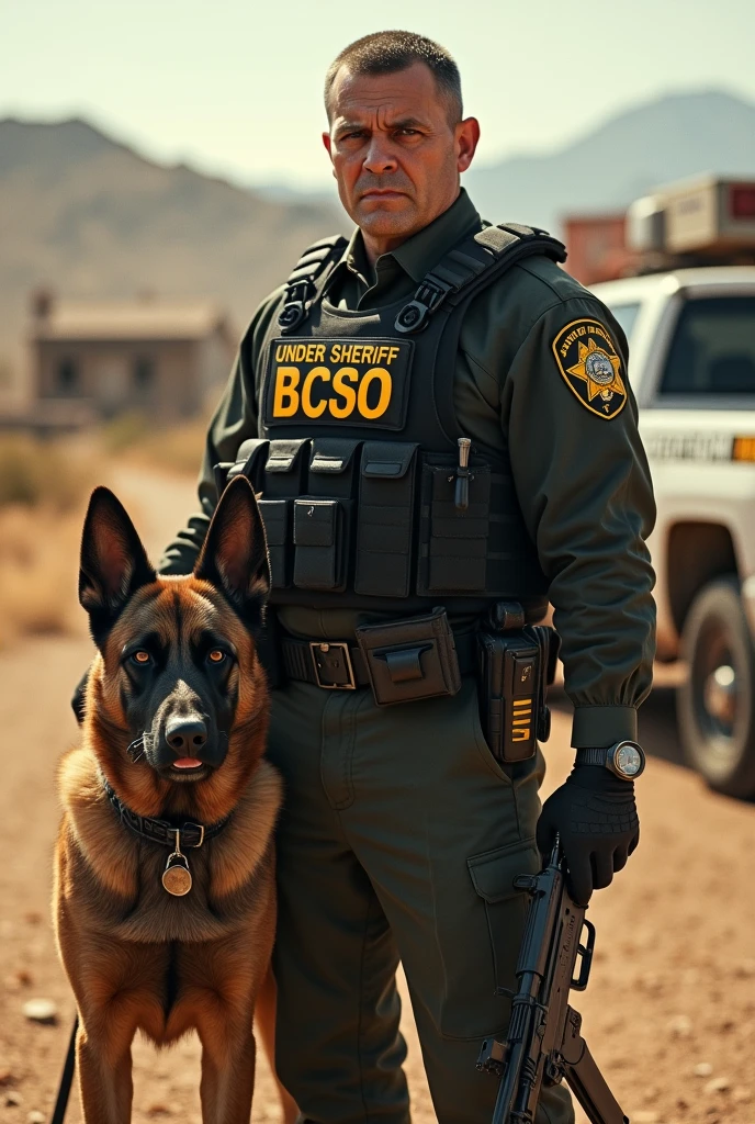 Fais moi une image de photo de profil montrant un bcso sur avec un gilet par balle écrit under shériff puis écrit en dessous Mia Reaper. Avec un fond de désert et une voiture de sheriff, une ville abandonné . Elle a un malinois qui tiens une an47 dans la bouche
