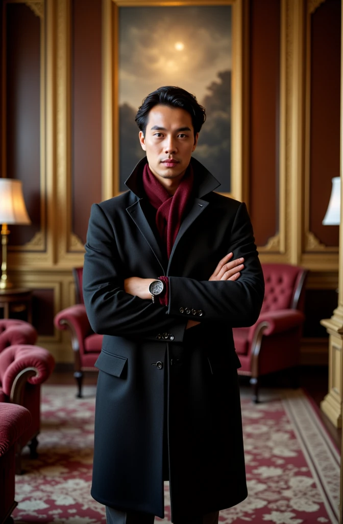 My character A full-body portrait of a confident mascular fitness young man standing with pride and elegance in a luxurious and sophisticated interior space, wearing a stylish dark overcoat and a burgundy scarf, with refined lighting highlighting his poised demeanor, surrounded by ornate decor and opulent furnishings, creating an atmosphere of grandeur and authority, shot with a Canon EOS R5, 85mm f/1.2 lens, in warm and rich tones.
