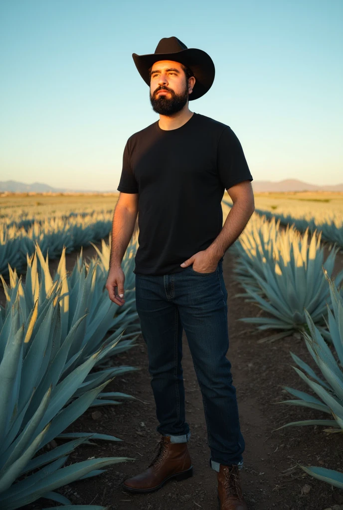  Create a hyperrealistic image of a young and stylized man ,  standing in an agave field under the warm, golden light of the sunset .  He's wearing a black winged cowboy hat wide that casts an elegant shadow over her face ,  accentuating a serious and contemplative profile .  Wear a completely black outfit ,  composed of a tight t-shirt and dark jeans that give him a simple but striking style , while the leather denim boots in a shade of brown contrast slightly with the rest of the outfit and add a classic touch.

. The surrounding agave field is composed of symmetrical rows of bluish plants that extend to the horizon ,  capturing the essence of the Mexican rural landscape .  The earth under your feet is dark and dry ,  with visible textures that bring realism to the scene . The clear sky,  in an intense blue , serves as a background , , enhancing the calm and warm atmosphere of the environment .

 The lighting is natural ,  with the light of the bath man and landscape , , creating elongated shadows and a warm glow that enhances the details of her outfit and the contours of the agave leaves .  The composition should capture the full-bodied man ,  with its relaxed but firm pose ,  one hand in his pocket and the other resting next to his body ,  transmitting trust and connection with its environment .

 The colors must be balanced :  the dark tones of the man's outfit contrast with the blue green of the agave plants ,  while the golden light of the sun adds warmth to the outfit .  The image should evoke a sense of tradition ,  modernity and pride in an authentic rural environment .