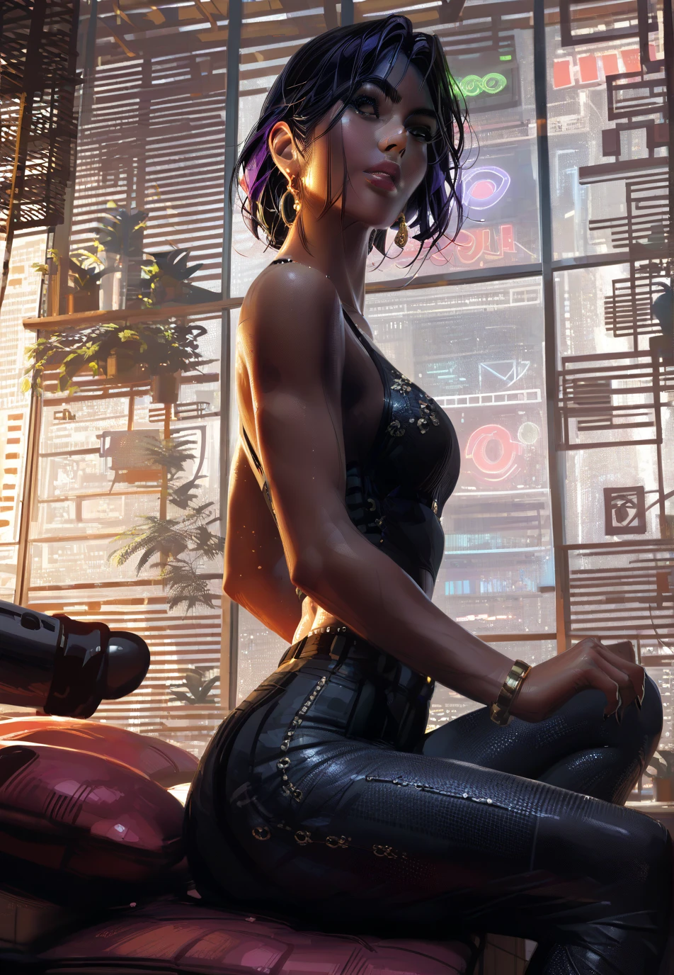  ,Fit to resolution,sce to size,full image,GUWEIZ ARTWORK ,
1. Cinematic Atmosphere:  , Raven dc , fun,,coolest pose ,, sitting on her bed,balcony window view behind  her, looking away ,best color