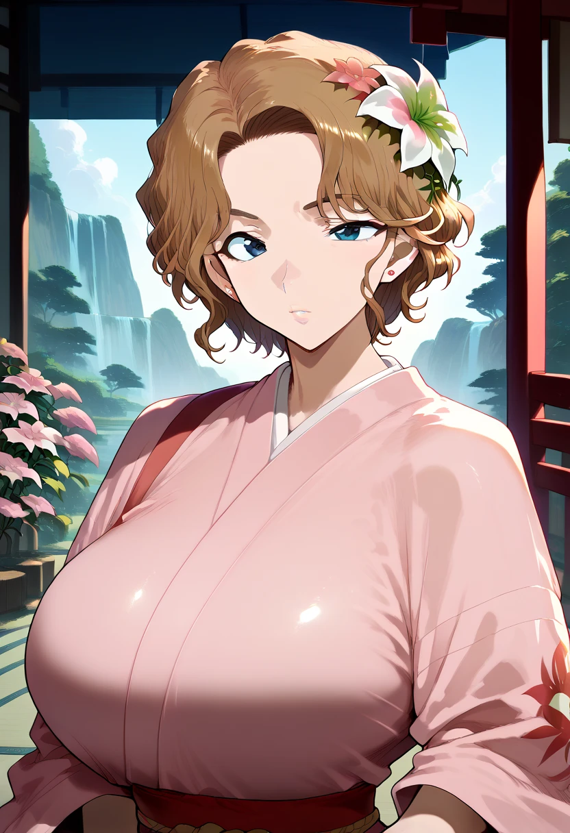 Hyper realistic, Momiji Ooka,brown_hair,wavy_hair, short_hair,blue_eyes, jewelry,stud_earrings, earrings, flower, japanese_clothes,pink kimono,huge breasts、 、