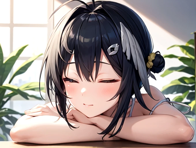 best quality, ultra high resolution, cute and beautiful girl， cute，lapluma , lapluma swimsuit, black hair, short hair, ahoge, hairclip, sidelocks, hair intakes, feather hair, hair clip, wing hair ornament, single hair bun,,( up close:1.1)，Multiple shadows ，indoor，white bikini，( Eyes closed:1.2)， lying on the table