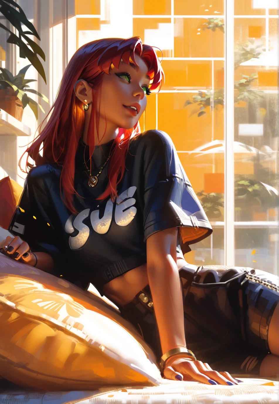  ,Fit to resolution,sce to size,full image,GUWEIZ ARTWORK ,
1. Cinematic Atmosphere:  , STARFIRE , fun,,coolest pose ,, sitting on her bed,balcony window view behind  her, looking away ,best color ,sexy ,nsfw