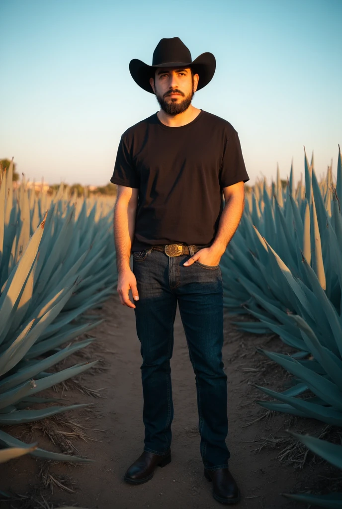  Create a hyperrealistic image of a young and stylized man ,  standing in an agave field under the warm, golden light of the sunset .  He's wearing a black winged cowboy hat wide that casts an elegant shadow over her face ,  accentuating a serious and contemplative profile .  Wear a completely black outfit ,  composed of a tight t-shirt and dark jeans that give him a simple but striking style , while the leather denim boots in a shade of brown contrast slightly with the rest of the outfit and add a classic touch.

. The surrounding agave field is composed of symmetrical rows of bluish plants that extend to the horizon ,  capturing the essence of the Mexican rural landscape .  The earth under your feet is dark and dry ,  with visible textures that bring realism to the scene . The clear sky,  in an intense blue , serves as a background , , enhancing the calm and warm atmosphere of the environment .

 The lighting is natural ,  with the light of the bath man and landscape , , creating elongated shadows and a warm glow that enhances the details of her outfit and the contours of the agave leaves .  The composition should capture the full-bodied man ,  with its relaxed but firm pose ,  one hand in his pocket and the other resting next to his body ,  transmitting trust and connection with its environment .

 The colors must be balanced :  the dark tones of the man's outfit contrast with the blue green of the agave plants ,  while the golden light of the sun adds warmth to the outfit .  The image should evoke a sense of tradition ,  modernity and pride in an authentic rural environment .