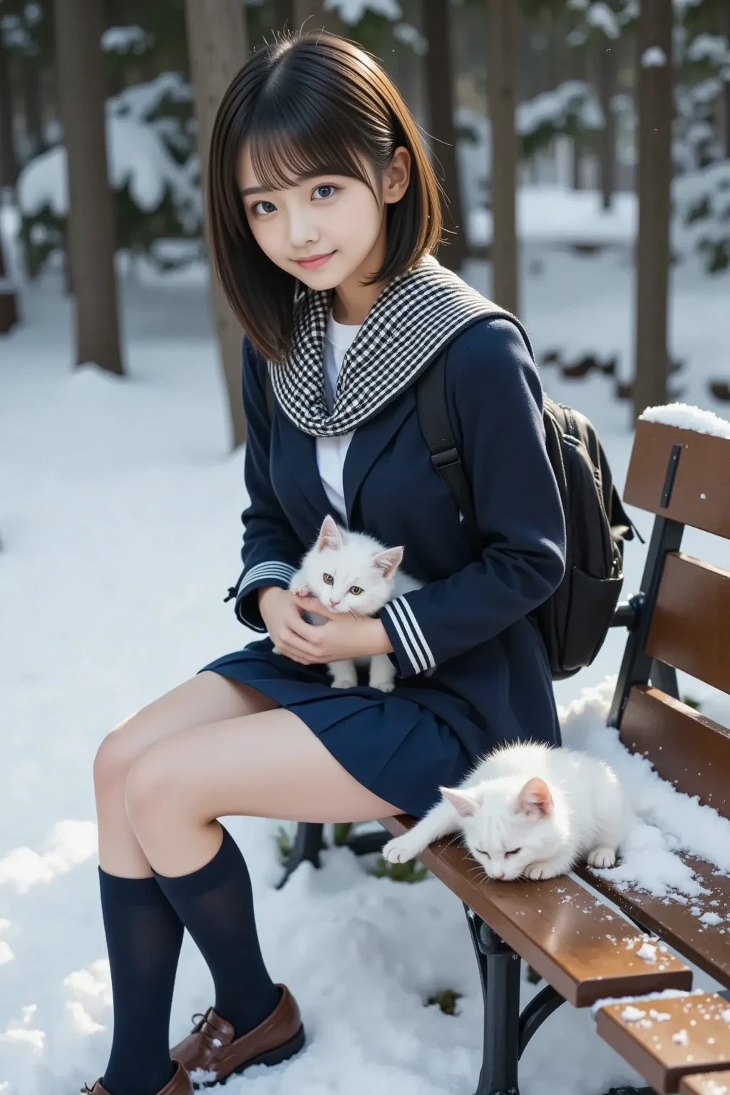  super real ,  photorealistic,  she looks so happy , shadow, Global Illumination, Alone, ( 18 Year Old Japanese Girl :1.5), So beautiful、 very cute idol-like face ,  surimi waist , ( sailor school uniform wearing a navy blue pleated skirt and a navy blue wool coat with a checkered scarf by Page wrapped around her hair:1.2), Navy blue socks and loafers ,  than the girl on the right , I'm wearing a ,  she is carrying a navy blue school backpack on her shoulder , ( Beautiful breasts),  Snow Night in the Park ,   The snow is falling steadily  , She is sitting,  holding a white kitten on the side of the bench ,  The kitten is lightly covered with snow , The kitten is watching her , ( showing a kind smile ),  Professional Light