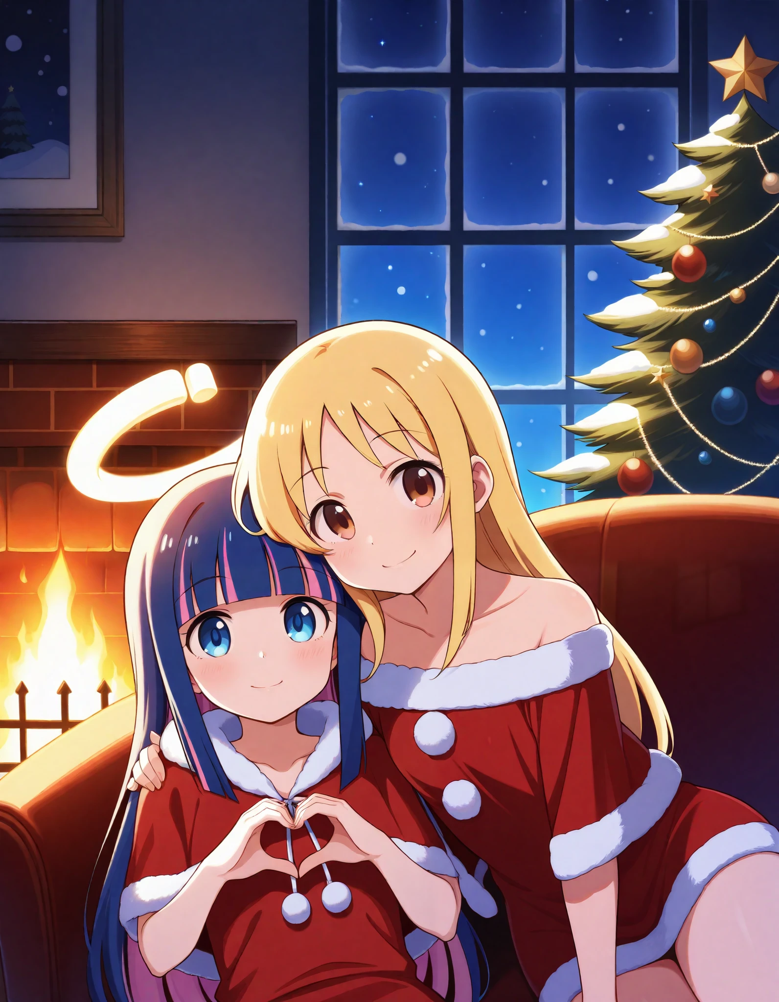 masterpiece, best quality, high quality, hi res, absurd res, new, newest, 2024, 2023, 2022, 2021, rendered, illustration, duo, female/female, human on anthro, face focus, inside, living room, sitting, on sofa, relaxing, fireplace, fire, window, snow, night, looking at viewer, portrait, light smile, arm around partner, wallpaper \(decoration\), blue wall, low light, dimly lit, dark, firelight, fire glow, christmas, christmas clothing, christmas tree, christmas lights, christmas decorations, christmas stocking, hand heart, anthro, elza \(interspecies reviewers\), spotted hyena, blue hair, brown eyes, human, crimvael \(interspecies reviewers\), blonde hair, blue eyes, santa dress, capelet, fur trim, detailed, detailed background, detailed fur, detailed eyes, soft lighting, soft shading, perfect, flawless, immaculate, correct, good anatomy, well drawn,