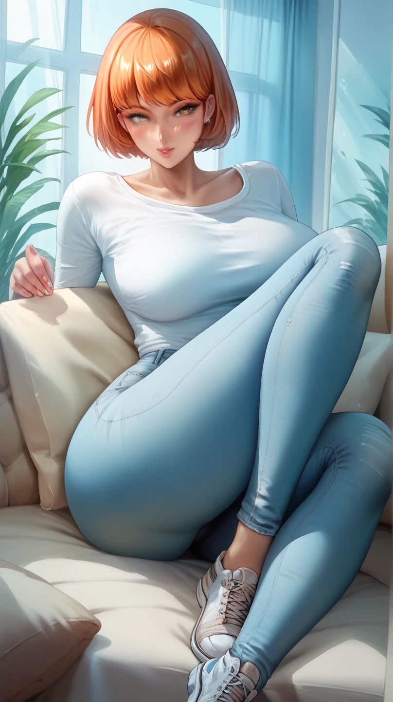 A beautiful Korean mom with thick thighs and orange short hair, sitting on the couch in the living room, wearing a white shirt and jeans. 