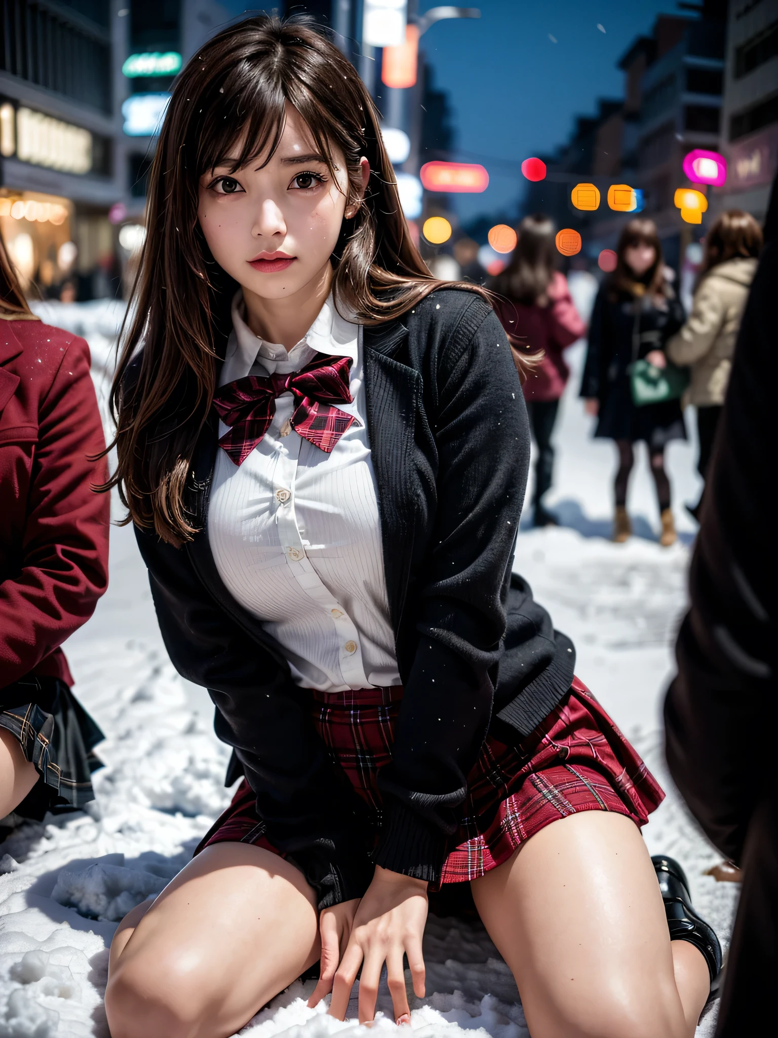((solo)), ((1 girl)), Panties Small, street, crowded, ((night)), ((snowing)), ((snow)), ((Embarrassing)), 1girl, brown hair, long hair, bangs, brown eyes, big breasts, large breasts, red bowtie, school uniform, black jacket, open jacket, brown cardigan, white shirt, black skirt, plaid skirt, high school girl, blush, White underwear is visible, droopy eyes, shiny skin, beautiful breasts, beautiful ass, cute face, Japanese idol, real person, front view, slightly smile, hands behind back, kneel,sit