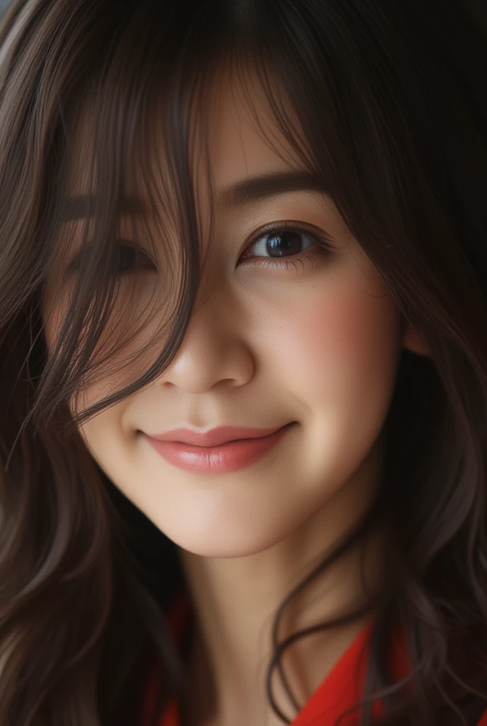 A close-up of an East-Asian woman with long black hair, her bangs falling prominently over her right eye, partially obscuring it, as she smiles warmly and looks directly at the camera, soft lighting, smooth skin, cinematic focus, and natural expression.