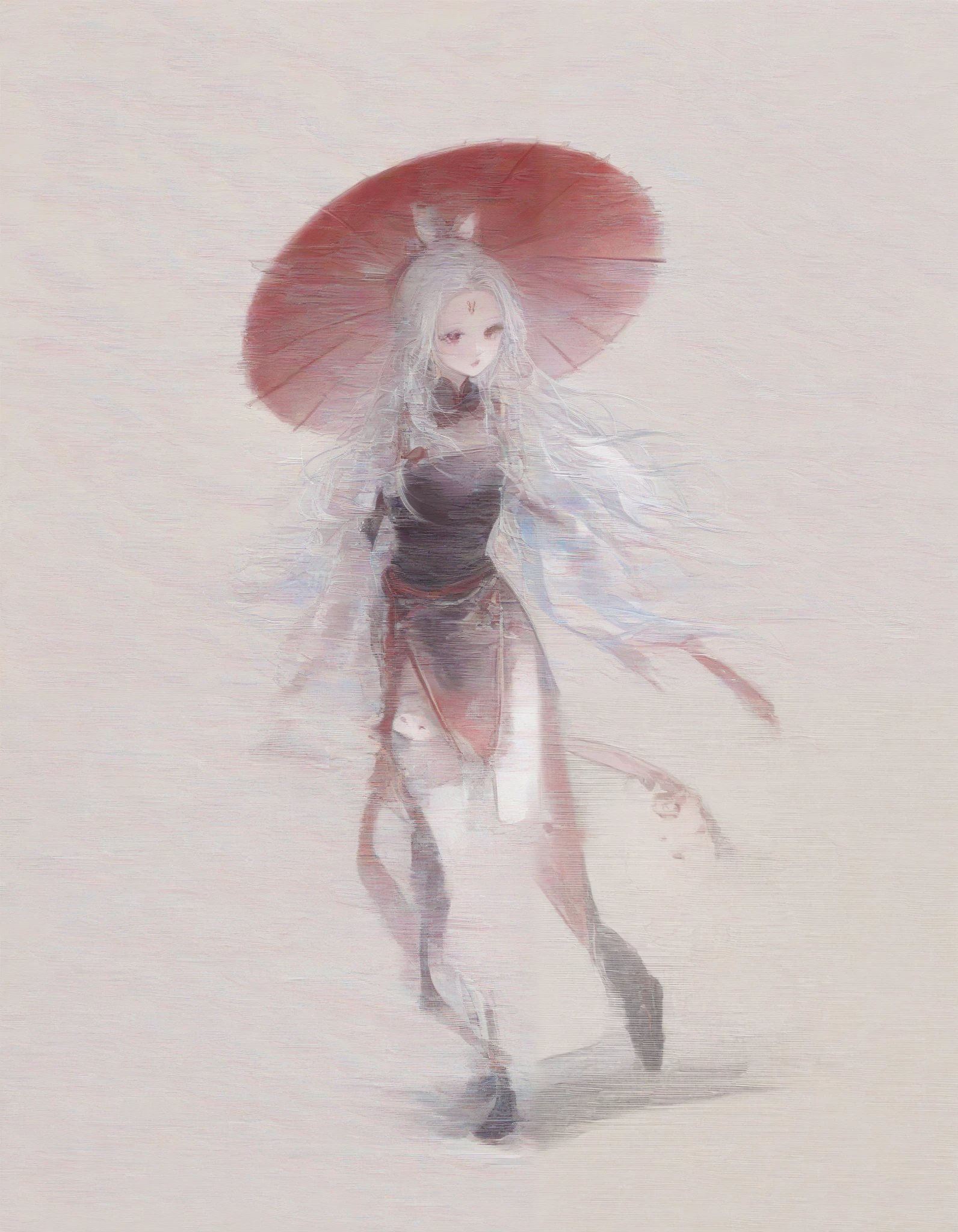  yin and yang head left white right black ， rabbit ear left black right white ，woman， costume Jianghu Knight ， holding a red umbrella ，Single red eyes ， forehead imprint ，Red Line，8k 虚拟 character design ，Role concept table， ancient design ， best quality full body portrait， character design ，Role List