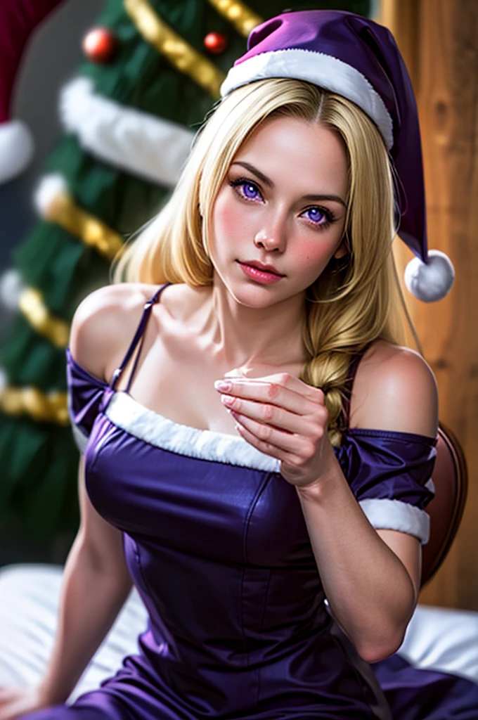 (red santa hat), 1woman, realistic, detailed, sitting, purple eyes, Christmas tree, Christmas gift, beautiful face, waist, perfect hands, Long blonde hair, bag, Dark blue dress, beautiful face