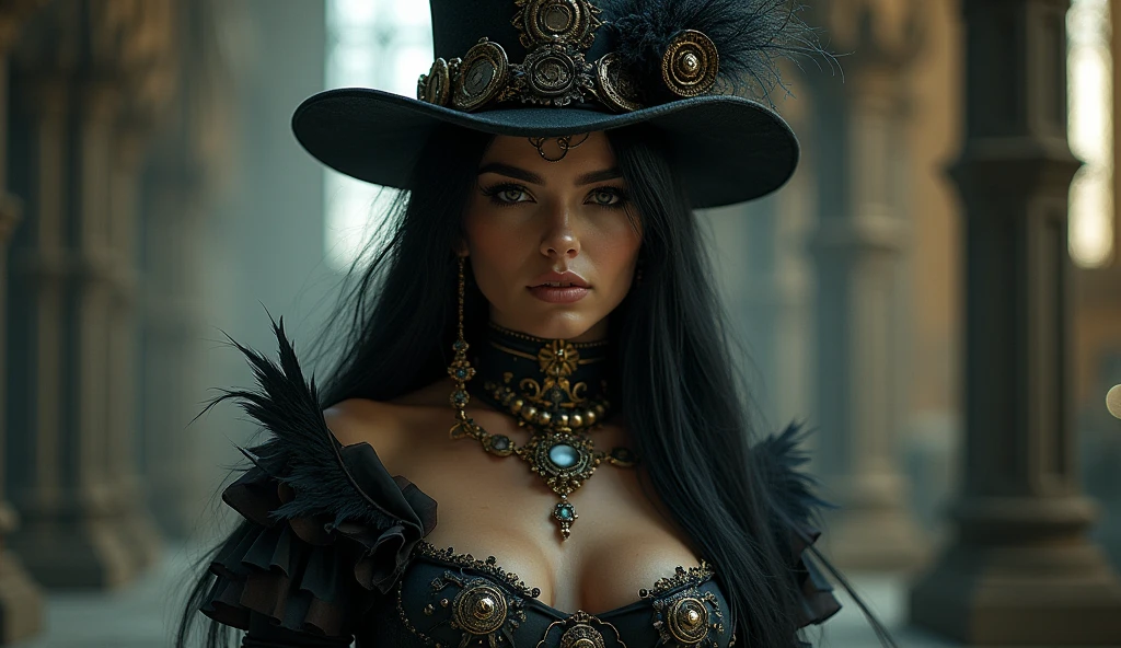 A sexy hot dark vampire female steampunk in a town sinister and mysterious