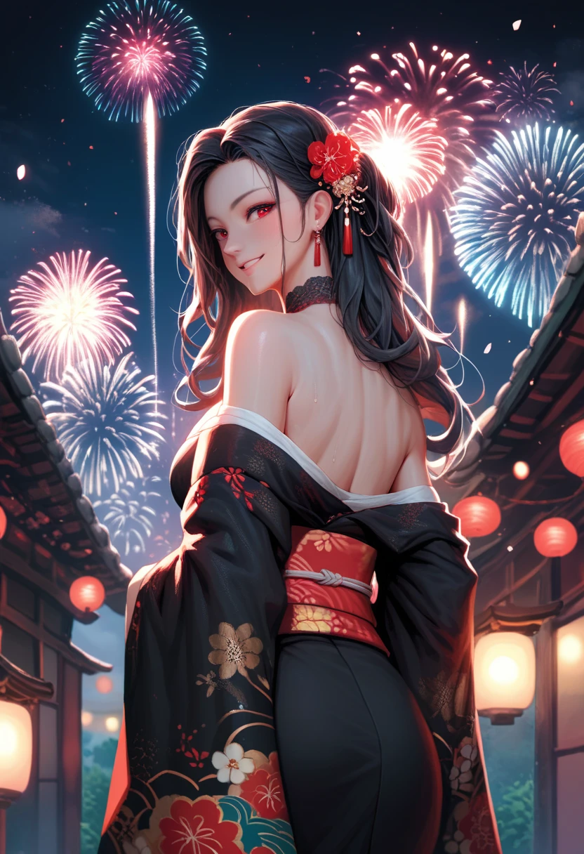 (perfect anatomy, masterpiece:1.4, best quality, 8k, beautiful detailed grow, daydreaming expression, in the night), ((immensely detailed beautiful firework)), (solo straight black hair long hair femdom cute girl, 18 yo, detailed red eyes, best smile, bigboobs), up arms and (((Finger Heart))), in a sexy red detailed dress, in the Fireworks Festival Venue.