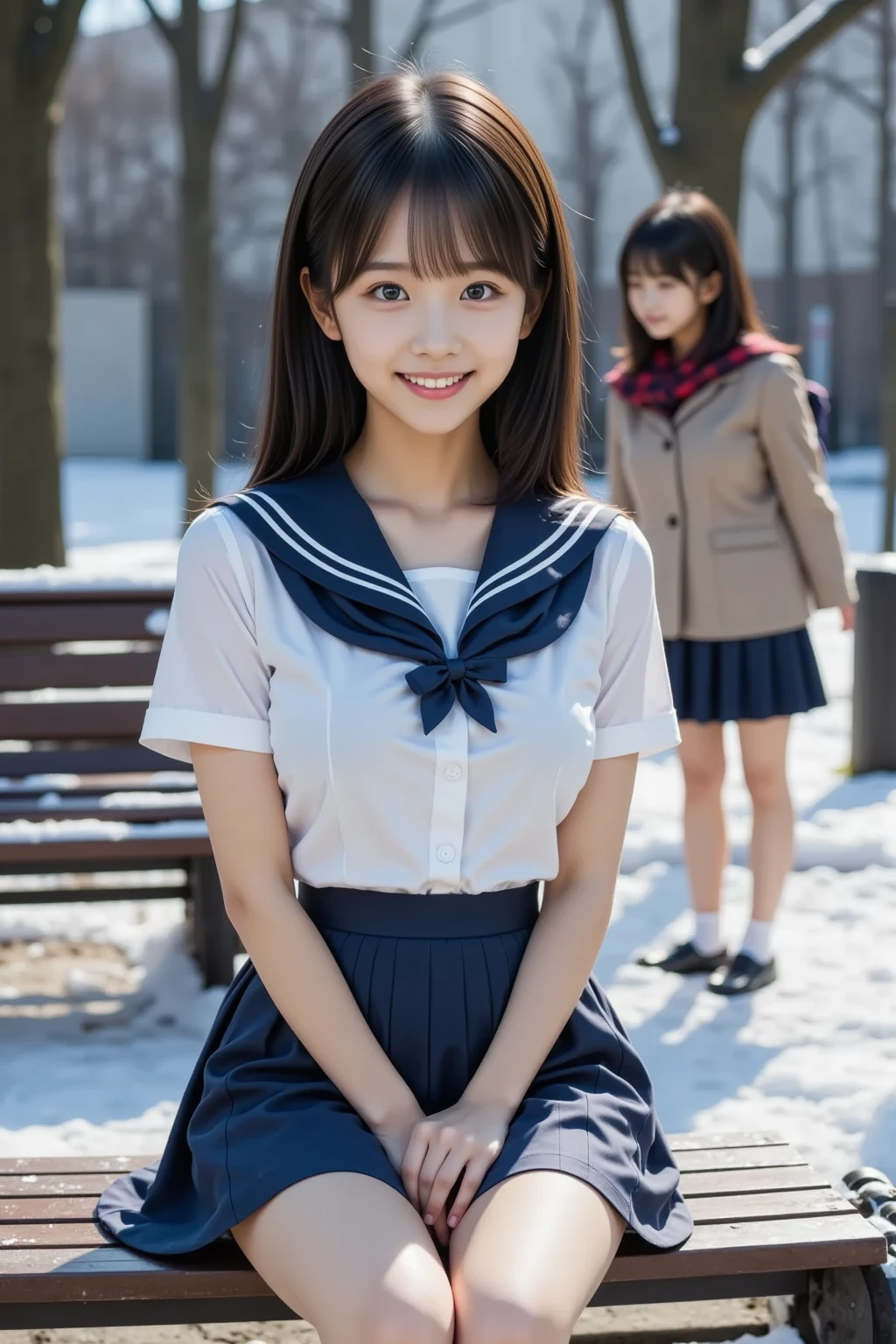  super real ,  photorealistic,  she looks so happy , shadow, Global Illumination, Alone, ( 18 Year Old Japanese Girl :1.5), So beautiful、 very cute idol-like face ,  surimi waist , ( sailor school uniform:1.2), Navy blue socks and loafers ,  than the girl on the right , A female student wearing a navy blue pleated skirt and navy blue long wool coat with a red plaid scarf wrapped around her hair ,  she is carrying a navy blue school backpack on her shoulder , ( Beautiful breasts),  Snow Night in the Park ,   The snow is falling steadily  , She is sitting,  holding a white kitten on the side of the bench ,  The kitten is lightly covered with snow , The kitten is watching her , ( showing a kind smile ),  Professional Light