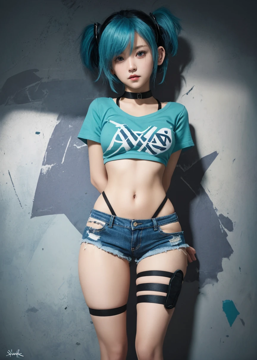 sfw, (close up), beautiful girl, full body, short bright blue dishevelled hair, black eyeshadow, (street style wear:1.2), ((tight fitted pants)), ((knee high leather boots)), (city night background:1.2), dark makeup, digital art, trending on artstation, highly detailed, fine detail, intricate, beautiful detailed glow, detailed, Cinematic light, high-res, detailed facial features, sharp focus, smooth, aesthetic, (Masterpiece),(Curesky), by jamie christopher hewlett, Unzoomed, ((tank girl)), (cloth less),Pretty Cure!,(Cute face), Big bust,Very cute,Beautiful woman,Beautiful face, happy, Full body, Beautiful realistic waifu style girl, hyperdetailed painting, luminism, art by Carne Griffiths and Wadim Kashin concept art, 8k resolution, fractal isometrics details bioluminescence , octane render, intricately detailed , cinematic, trending on artstation, cyberpunk desert, pop, Isometric Centered hyperrealistic cover photo awesome full color , gritty, realistic mucha , intricate, hit definition , cinematic,Rough sketch, bold lines, on paper, ethereal background, abstract beauty,stand, approaching perfection, pure form, Golden ratio, minimalistic, unfinished, concept art, intricate details, 8k post production, high resolution, hyperdetailed, trending on artstation, sharp focus, studio photo, intricate details, highly detailed, Pixar Studio style, punks, pop,masterpiece, best quality, 1girl, solo, crop top, denim shorts, choker, (graffiti:1.5), paint splatter, arms behind back, against wall, looking at viewer, armband, thigh strap, paint on body, head tilt, bored, multicolored hair, aqua eyes, headset, wearing bra,((skinny waist)), young asian girl, ((big )),