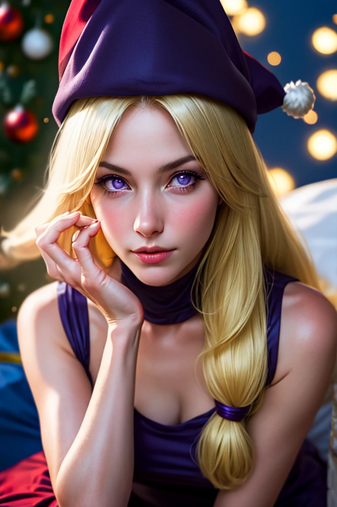 (red santa hat), 1woman, realistic, detailed, sitting, purple eyes, Christmas tree, Christmas gift, beautiful face, waist, perfect hands, Long blonde hair, bag, Dark blue dress, beautiful face, perfect 