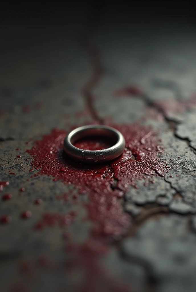 A close-up of a blood-stained ring lying on a surface. The ring looks old and tarnished, with a sense of foreboding surrounding it.”