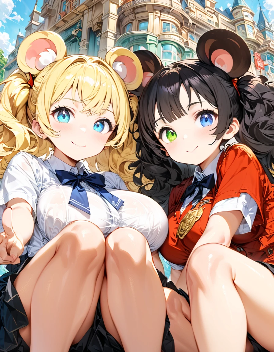 (ultra-detailed, master piece, best quality, high resolution, beautiful hair, beautiful eyes, expressive eyes, perfect face, perfect human structure),
Amusement park, dreamland, Tokyo Disneyland, ((2girls, blonde and black hair)),
A girl with slightly curly hair, short cut, high twin tails up both sides, black hair, very ish face, very big droopy eyes, heterochromia, pink eye, orange eye, huge breasts, 145cm tall, , wearing school uniform and slightly curly hair, short cut, high twin tails up both sides, blonde hair and black hair. Two girls with up-turned high twin tails, blonde hair, very young faces, very big suspended eyes, heterochromia, blue eye, green eye, huge breasts, 145cm tall, , wearing school uniforms, sitting side by side on the ground with their knees up with their mouse ears on their heads and their legs in the square in the amusement park. They are smiling very brightly and making peace signs for the camera, surrounded by girlfriends and tourists, full body, medium shot, from below,
white panties showing, blue panties showing, looking at camera, souvenir photo