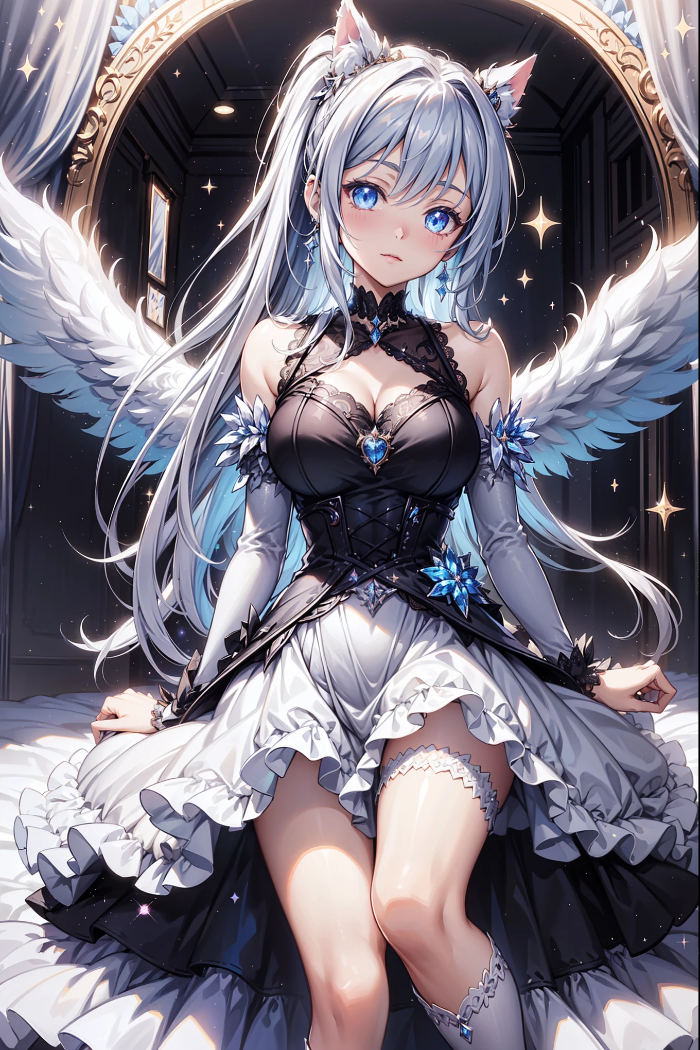 ((masterpiece, sidelighting, finely detailed beautiful eyes: 1.2)), ultra-detailed, ultra high res, professional lighting, high quality makeup, beautiful detailed eyes, sexy, beautiful, big eyes, (drooping eye:1.2), 1girl, solo, alone, (large breasts), slender body, smiling, (blue gothic lolita dress:1.2), (white hair, weavy long hair with blue ribbon:1.3), blue sapphire eyes, wide sleeves, outdoors, forest, full body, highest quality, ultra detailed, Soft light, (rime:1.3), Extremely cute, (extremely detailed beautiful face), Authentic skin texture, beautiful hair, beautiful face, beautiful eyes, beautiful body, beautiful hands, (sexual pleasure, sexual aroused, orgasm, happy:1.8), (face focus, cleavage breasts focus, thigh focus:1.8), (erect nipples), (steam:1.2), open mouth