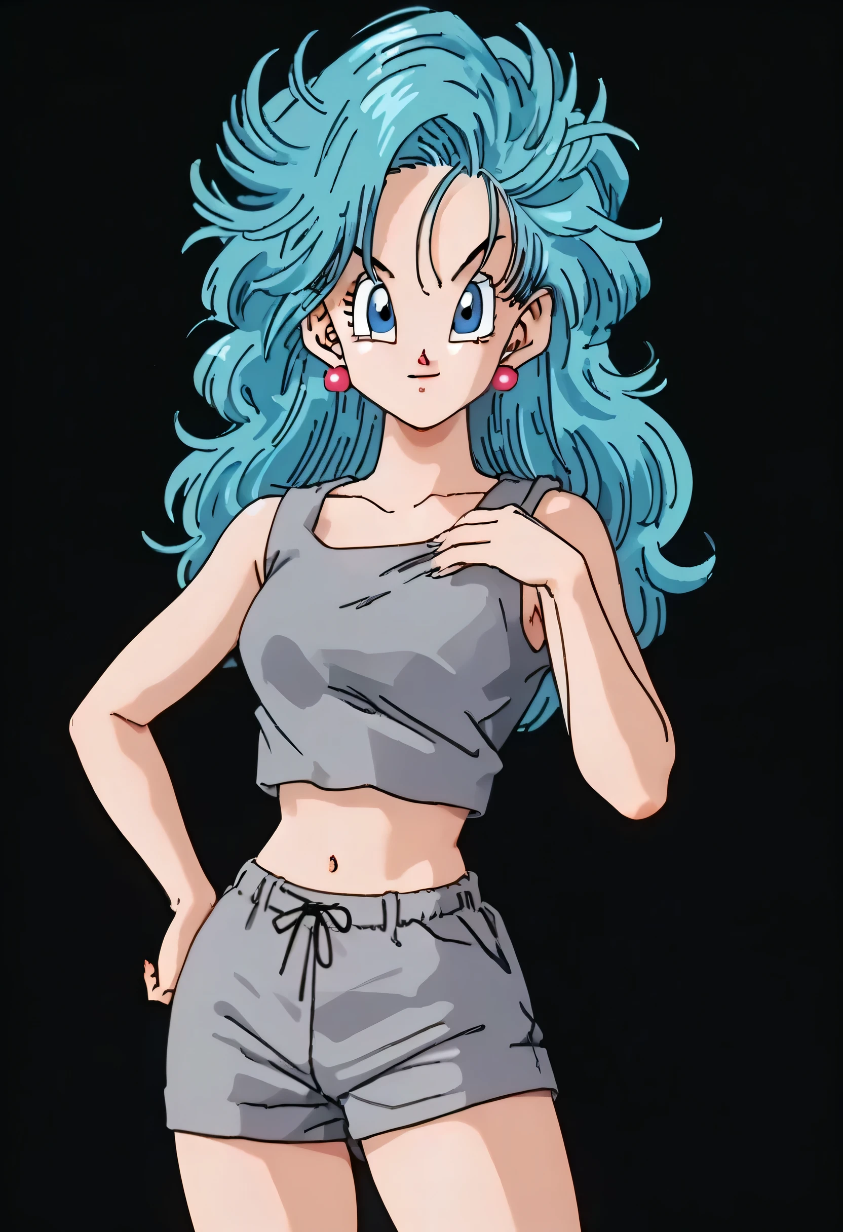 source_anime, score_9, score_8_up, score_7_up, anime screencap,
saiyan saga, bulma, messy hair, aqua hair, long hair , blue eyes, 1girl, solo, long hair, looking at viewer, gray tank tops , gray bikini , big breaststud , belly , earrings , fingernails, hands on own hips , thighs , black background , retro artstyle