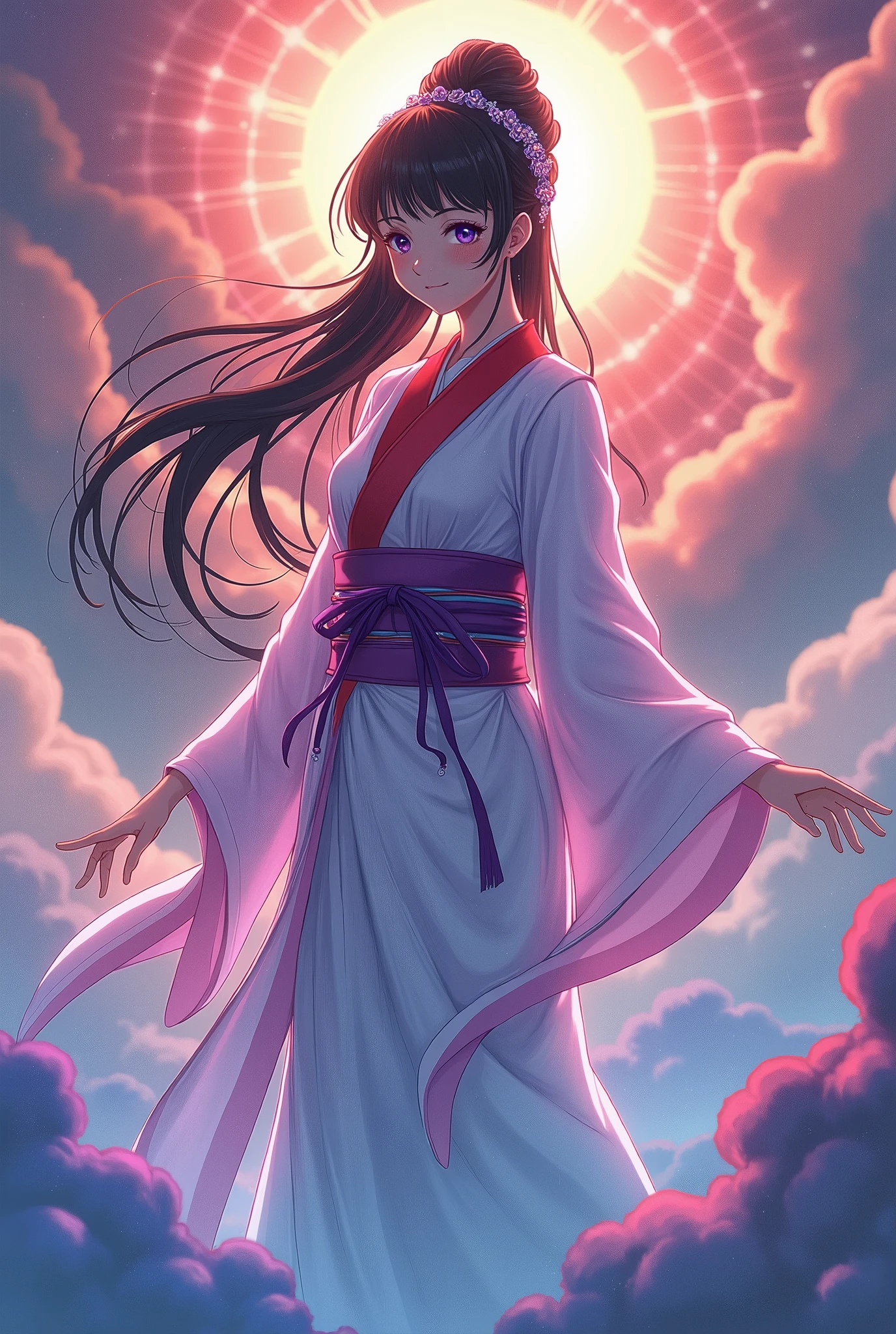  Japan's Kirishima Mountain Goddess ,  the greatest beauty in the anime world ,  Ikuta Erika ,  Long Black Hair Updo , (Beautiful thin eyes), Mid-chest, Luminescent white kimono with red collar, The obi is a purple color ,  Vivid Seven Colored Clouds ,  Vivid Light Emitting from Within the Clouds,  fantasy, colorful clouds, Light hits the goddess's body and emits light,  It's brightly colored ,  fantasy, whole body,  best quality,  high image quality, masterpiece, 8K wallpaper,  high definition ,  Detailed Anime Art ,  fantasyアート,