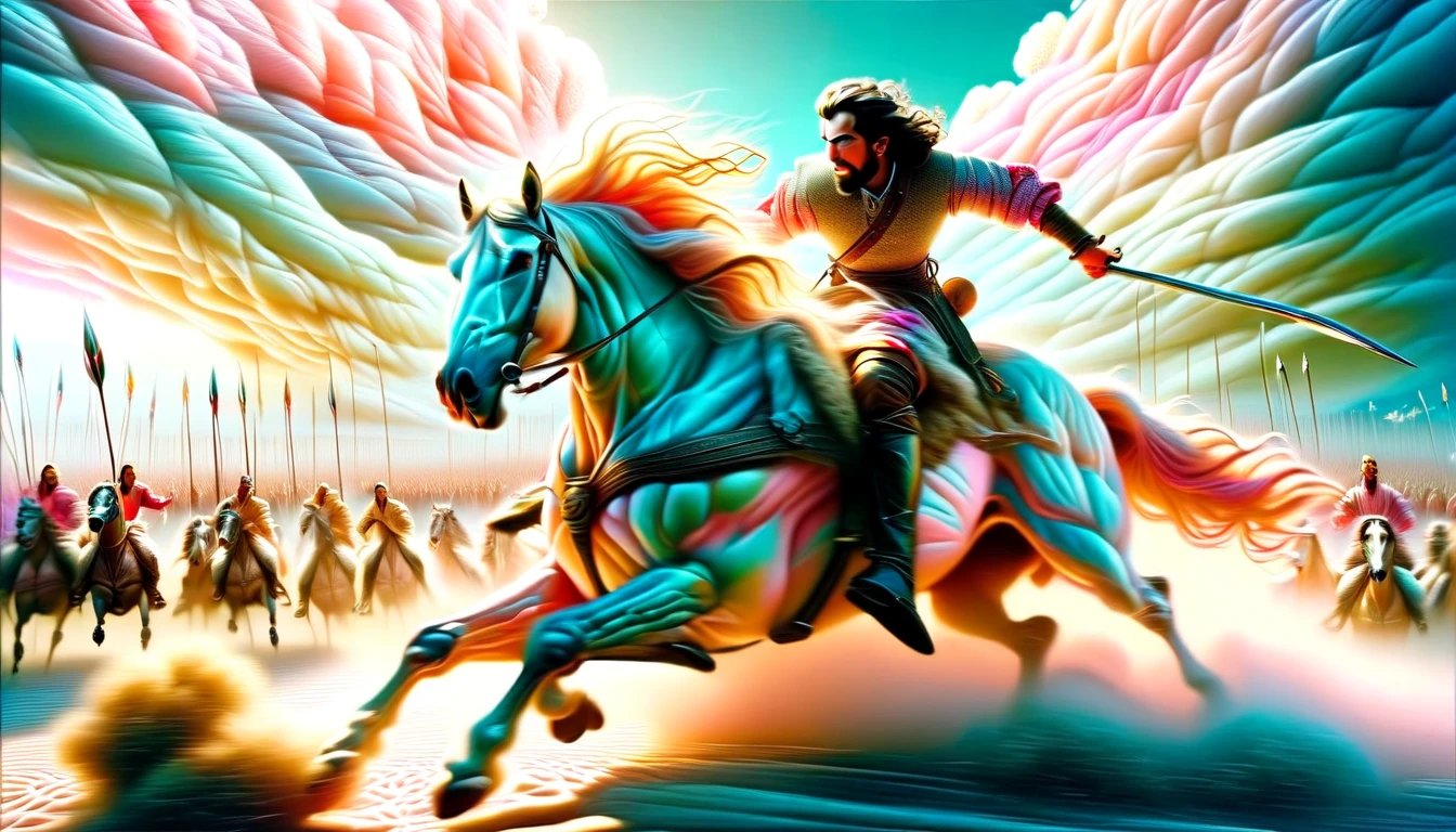 Hyperrealistic illustration, digital art in pastel tones, representing a lot of action and movement, a Spanish conquistador riding his steed at full gallop, in dynamic action at the exact moment when he is hit by the enemy arrow, in the background the roar of a battle in times of the conquest of America, Dramatic and highly detailed lighting artwork, anatomically correct, without body deformations, high resolution 8K.