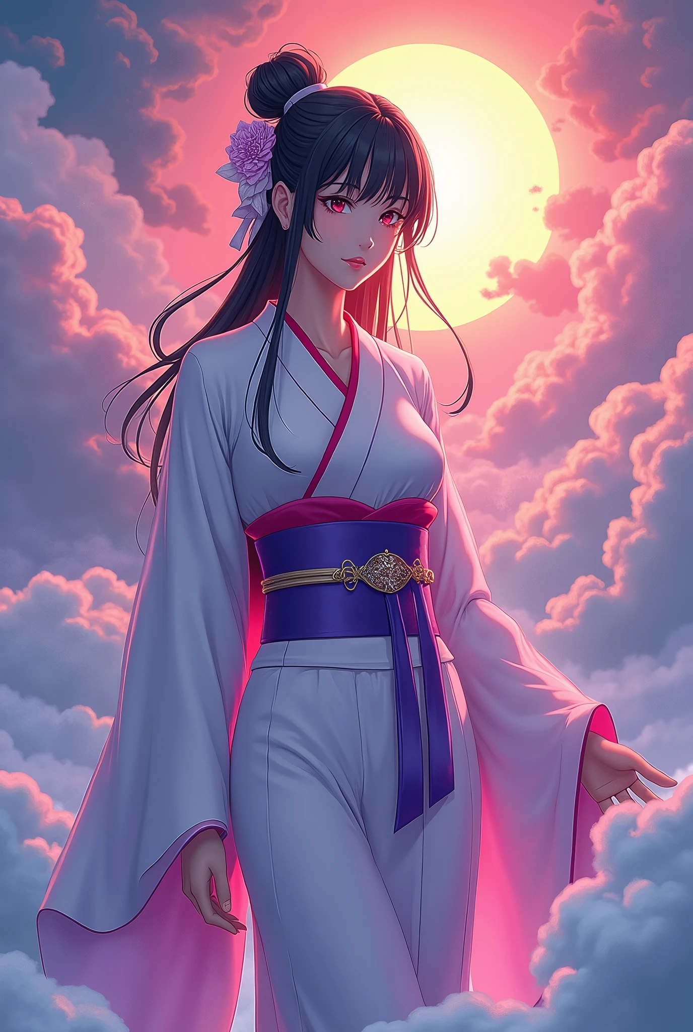  Japan's Kirishima Mountain Goddess ,  the greatest beauty in the anime world ,  Ikuta Erika ,  Long Black Hair Updo , (Beautiful thin eyes), Mid-chest, Luminescent white kimono with red collar, The obi is a purple color ,  Vivid Seven Colored Clouds ,  Vivid Light Emitting from Within the Clouds,  fantasy, colorful clouds, Light hits the goddess's body and emits light,  It's brightly colored ,  fantasy, whole body,  best quality,  high image quality, masterpiece, 8K wallpaper,  high definition ,  Detailed Anime Art ,  fantasyアート,