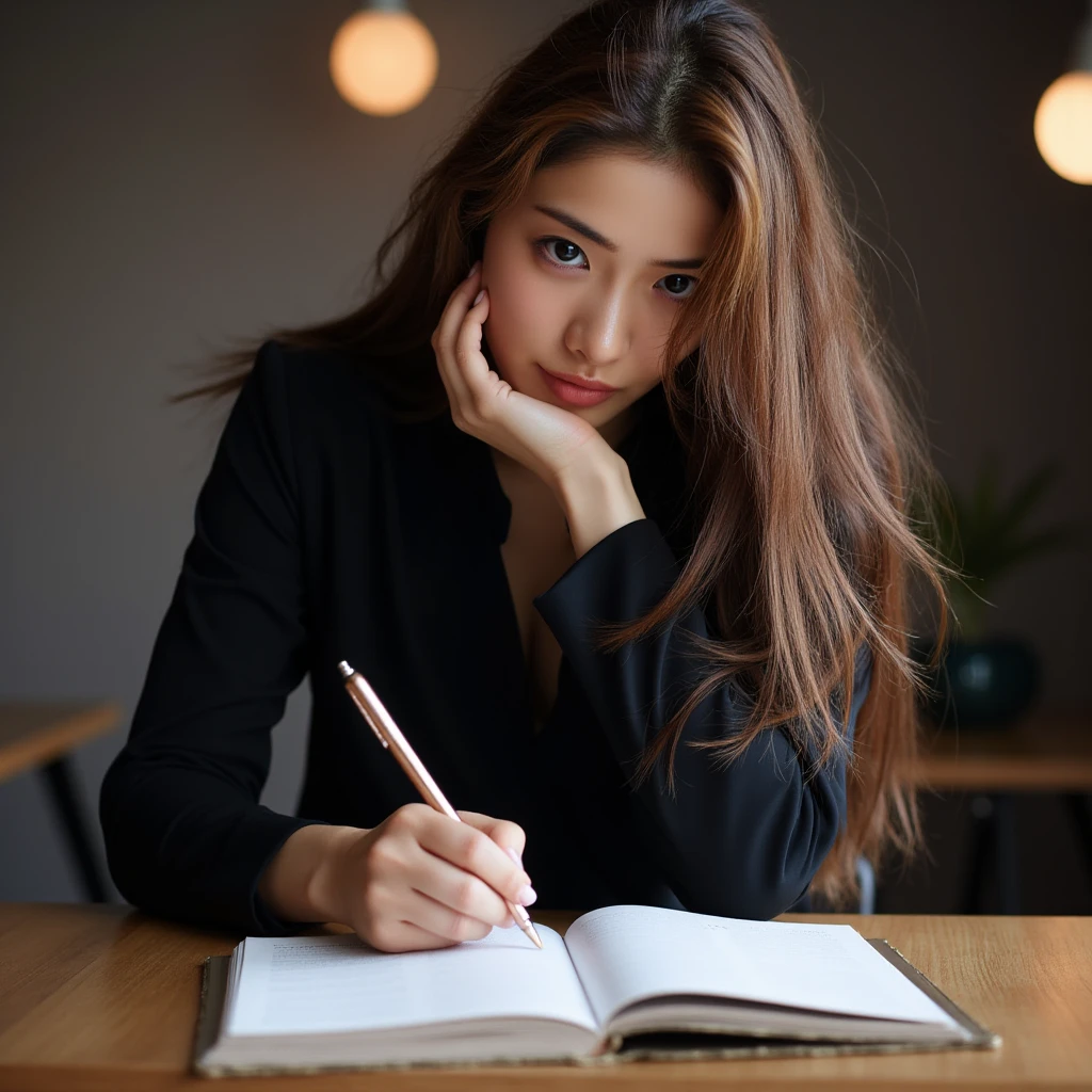 There is a woman sitting at a table with a book and a pen。, Trying to study,  female aesthetician with disgusted face , Angry man, people々 are panicking ,  men are screaming and sad , Irritation expression, people間が叫ぶ, Read a new book, angry pointing, istockphoto, Irritation, Editorial Photo, Well edited,  - disheveled woman with long hair and black shirt 