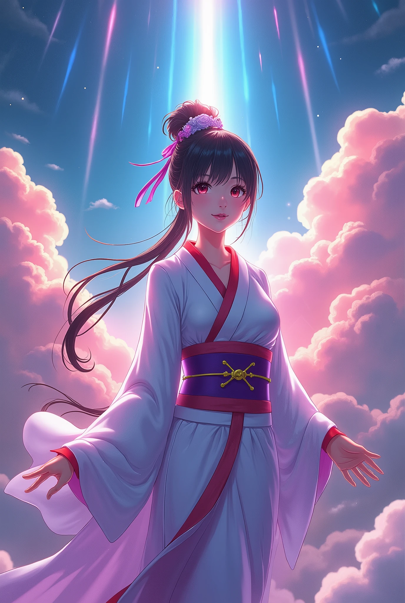  Japan's Kirishima Mountain Goddess ,  the greatest beauty in the anime world ,  Ikuta Erika , Alice Hirose,  Long Black Hair Updo , (Beautiful thin eyes), Mid-chest, Luminescent white kimono with red collar, The obi is a purple color ,  Vivid Seven Colored Clouds ,  Vivid Light Emitting from Within the Clouds,  fantasy, colorful clouds, Light hits the goddess's body and emits light,  It's brightly colored ,  fantasy, whole body,  best quality,  high image quality, masterpiece, 8K wallpaper,  high definition ,  Detailed Anime Art ,  fantasyアート,