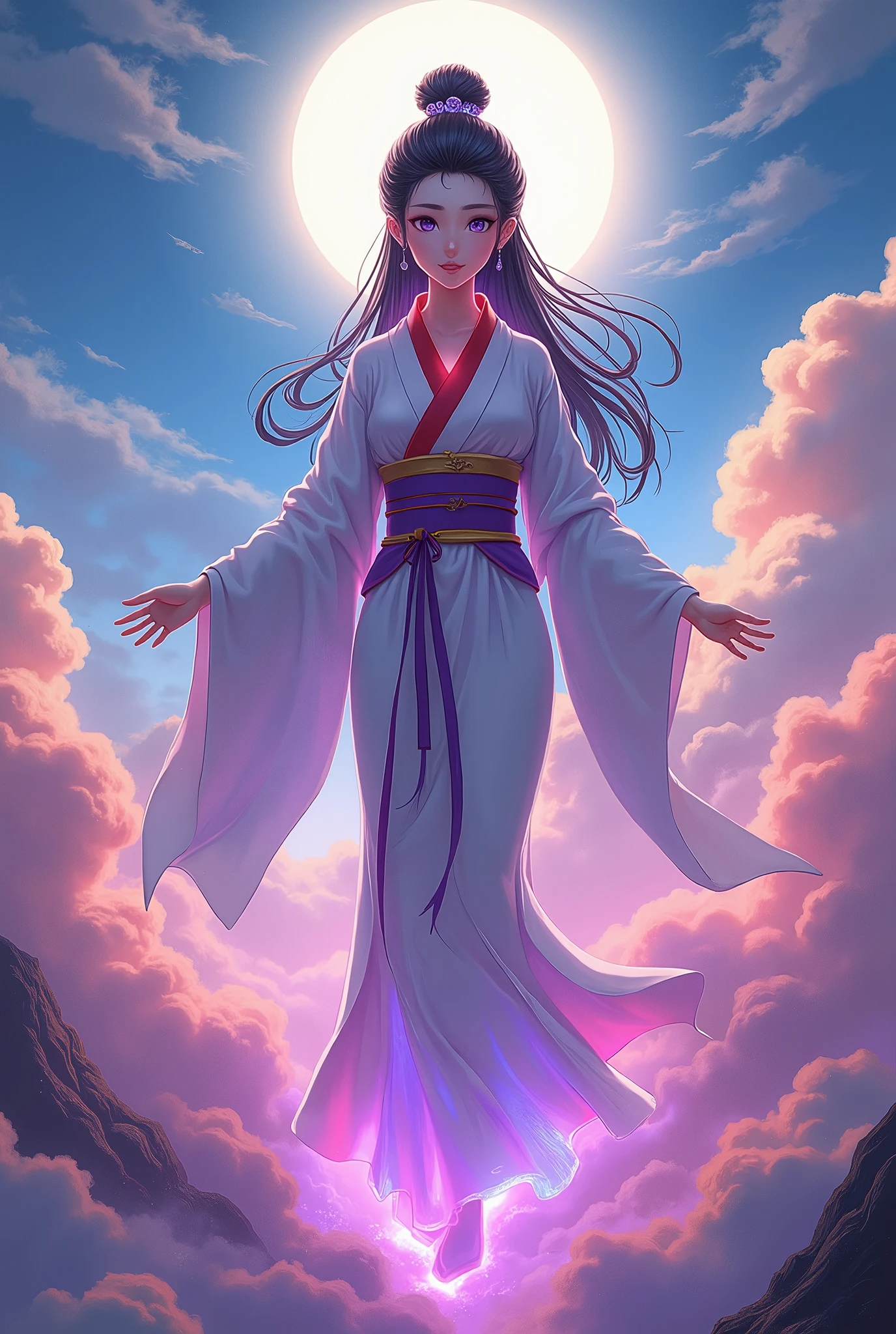  Japan's Kirishima Mountain Goddess ,  the greatest beauty in the anime world ,  Ikuta Erika , Alice Hirose,  Long Black Hair Updo , (Beautiful thin eyes), Mid-chest, Luminescent white kimono with red collar, The obi is a purple color ,  Vivid Seven Colored Clouds ,  Vivid Light Emitting from Within the Clouds,  fantasy, colorful clouds, Light hits the goddess's body and emits light,  It's brightly colored ,  fantasy, whole body,  best quality,  high image quality, masterpiece, 8K wallpaper,  high definition ,  Detailed Anime Art ,  fantasyアート,