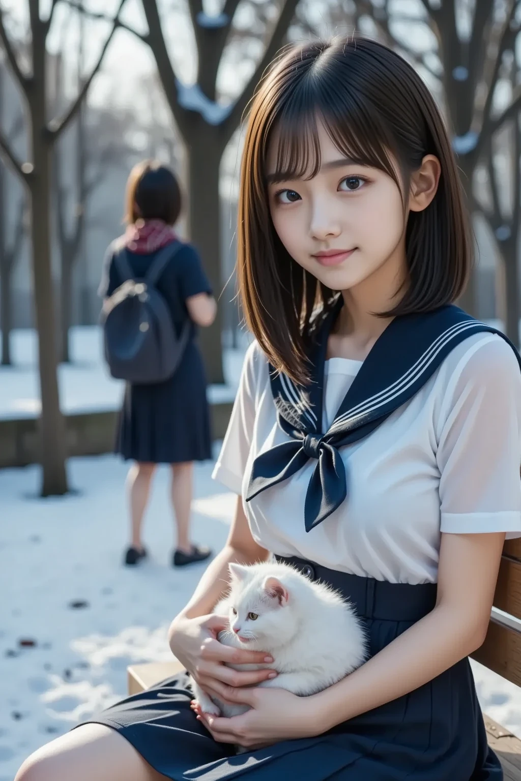  super real ,  photorealistic,  she looks so happy , shadow, Global Illumination, Alone, ( 18 Year Old Japanese Girl :1.5), So beautiful、 very cute idol-like face ,  surimi waist , ( sailor school uniform:1.2), Navy blue socks and loafers ,  than the girl on the right , A female student wearing a navy blue pleated skirt and navy blue long wool coat with a red plaid scarf wrapped around her hair ,  she is carrying a navy blue school backpack on her shoulder , ( Beautiful breasts),  Snow Night in the Park ,   The snow is falling steadily  , She is sitting,  holding a white kitten on the side of the bench ,  The kitten is lightly covered with snow , The kitten is watching her , ( showing a kind smile ),  Professional Light