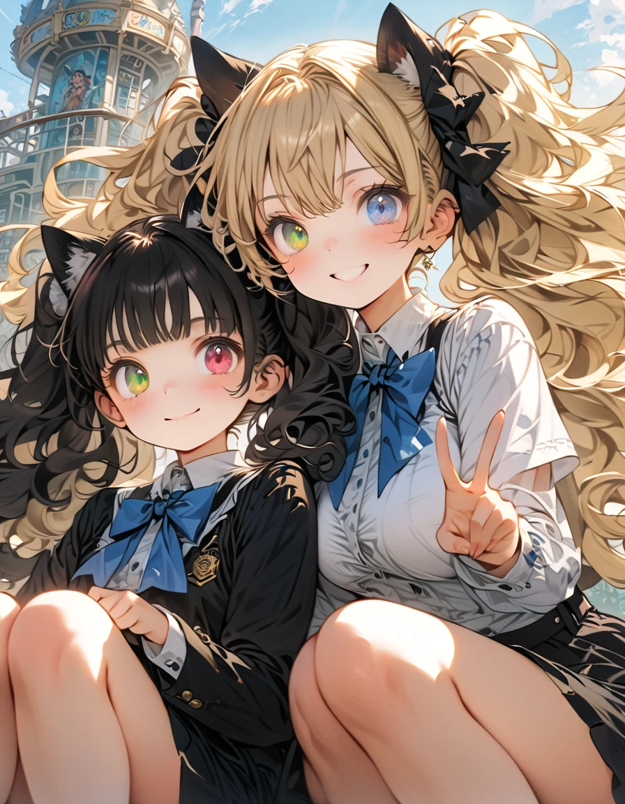 (ultra-detailed, master piece, best quality, high resolution, beautiful hair, beautiful eyes, expressive eyes, perfect face, perfect human structure),
Amusement park, dreamland, Tokyo Disneyland, ((2girls, blonde and black hair)),
A girl with slightly curly hair, short cut, high twin tails up both sides, black hair, very ish face, very big droopy eyes, heterochromia, pink eye, orange eye, huge breasts, 145cm tall, , wearing school uniform and slightly curly hair, short cut, high twin tails up both sides, blonde hair and black hair. Two girls with up-turned high twin tails, blonde hair, very young faces, very big suspended eyes, heterochromia, blue eye, green eye, huge breasts, 145cm tall, , wearing school uniforms, sitting side by side on the ground with their knees up with their mouse ears on their heads and their legs in the square in the amusement park. They are smiling very brightly and making peace signs for the camera, surrounded by girlfriends and tourists, full body, medium shot, from below,
white panties showing, blue panties showing, looking at camera, souvenir photo