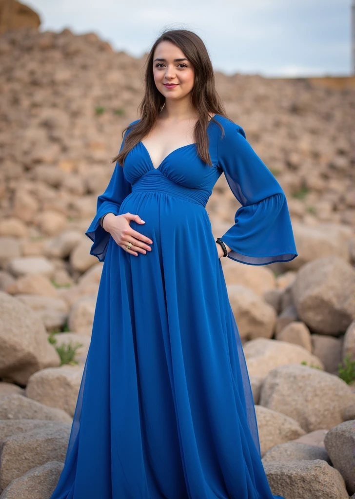 pregnant woman in blue dress standing in a field of rocks, a portrait by Rajesh Soni, pixabay contest winner, art photography, pregnancy, full body photogenic shot, maternal photography 4 k, full body pose, full body photoshoot, full body portrait shot, pregnant belly, pregnant, long blue dress, candid photography, candid portrait photo, full body photgraph