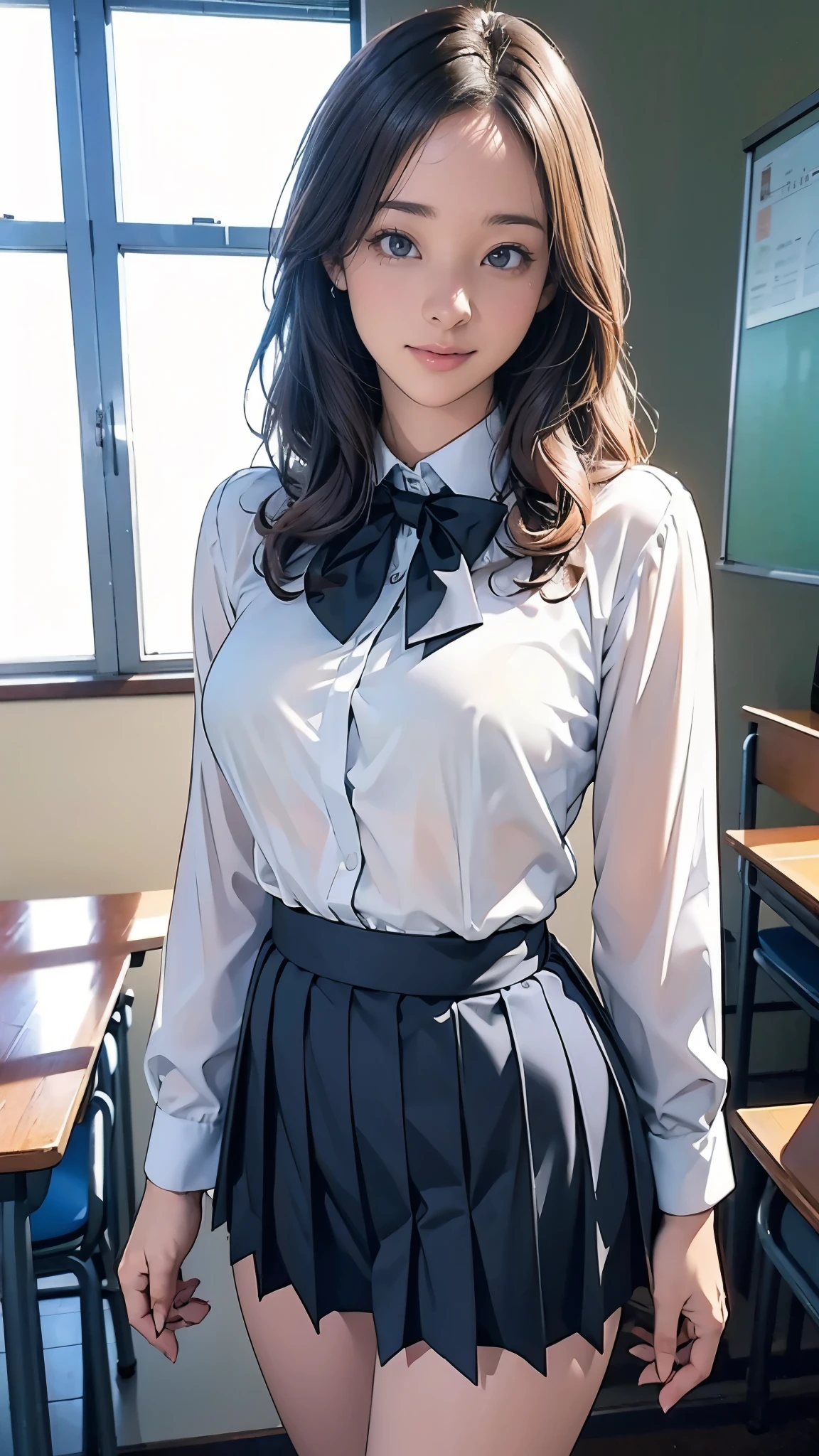 (masterpiece:1.2, top quality), ( realistic , photo realistic :1.4), beautiful illustration , ( natural side lighting , movie lighting), depth of written border, 1 female, curly hair , long hair on background, Forehead, Forehead, Forehead, White collared shirt , Long Sleeve , The shirt is see-through, The shirt is see-through, The shirt is see-through, Big Breasts , black mini pleated skirt, black bow tie, earrings, standing with different breasts , ((background: school classroom))