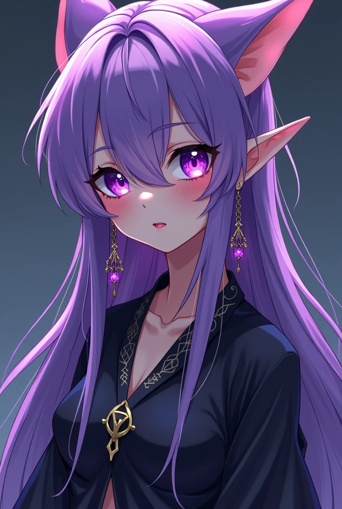 ((Best quality, masterpiece, 4k, best anatomy)), cute girl, (violet hair), ((very long curly hair)), perfect face, (yellow eyes), ((naked)), ((flat chest)), ((21 years old)), skindentation, extreme detail, attractive angular face, red lips, pink nipples, glossy skin, detailed hair, face focus, close-up chest, ornamental gold necklace, gold earrings, ((1 girl)), embarrassed expression, elf ears, innocent smile, ((slender)), anime girl, 3d rendering,
