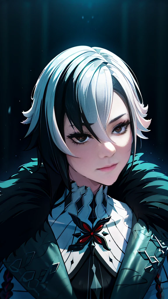 short hair, ((white hair:1.3)), black hair, (multicolored hair:1.3), x-shaped pupils, black eyes, muscular female, anatomically correct, best quality, masterpiece, high quality, high details, highres, HD, (shaded face:1.2), hollow eyes, looking at viewer, heavy breathing, smirk, uppert teeth, hight resolution、(​masterpiece:1.4)、ultra-detailliert、From above、kosmos ​masterpiece, accel_wad face:1.2), crutch, glowing, up close shot, Swirling wind, Lightning around the character, Complex background of the night, ighly detailed, (murky:1.3), murky, The dim, HDR, vignettes, unclean, torn, glow effects, godrays, Hand drawn, render, 8k, octane render, cinema 4d, blender, dark, atmospheric 4k ultra detailed, cinematic, Sharp focus, big depth of field, Masterpiece, colors, 3d octane render, 4k, concept art, trending on artstation, hyperrealistic, Vivid colors, extremely detailed CG unity 8k wallpaper, trending on CGSociety, Intricate, High Detail, dramatic, anime coloring, anime screencap, (shaded face:1.2), hollow eyes, facing viewer, expressionless, lips, x-shaped pupils, black eyes, sweating, wet, looking at viewer, glowing eyes, glaring eyes,  hair inside the hood, looking at viewer, hood, glowing eyes , black background, glowing eyes, cloak, dark, hooded cloak ,wearing edgCultist_hood,ominous,dark choker,red eyes.
