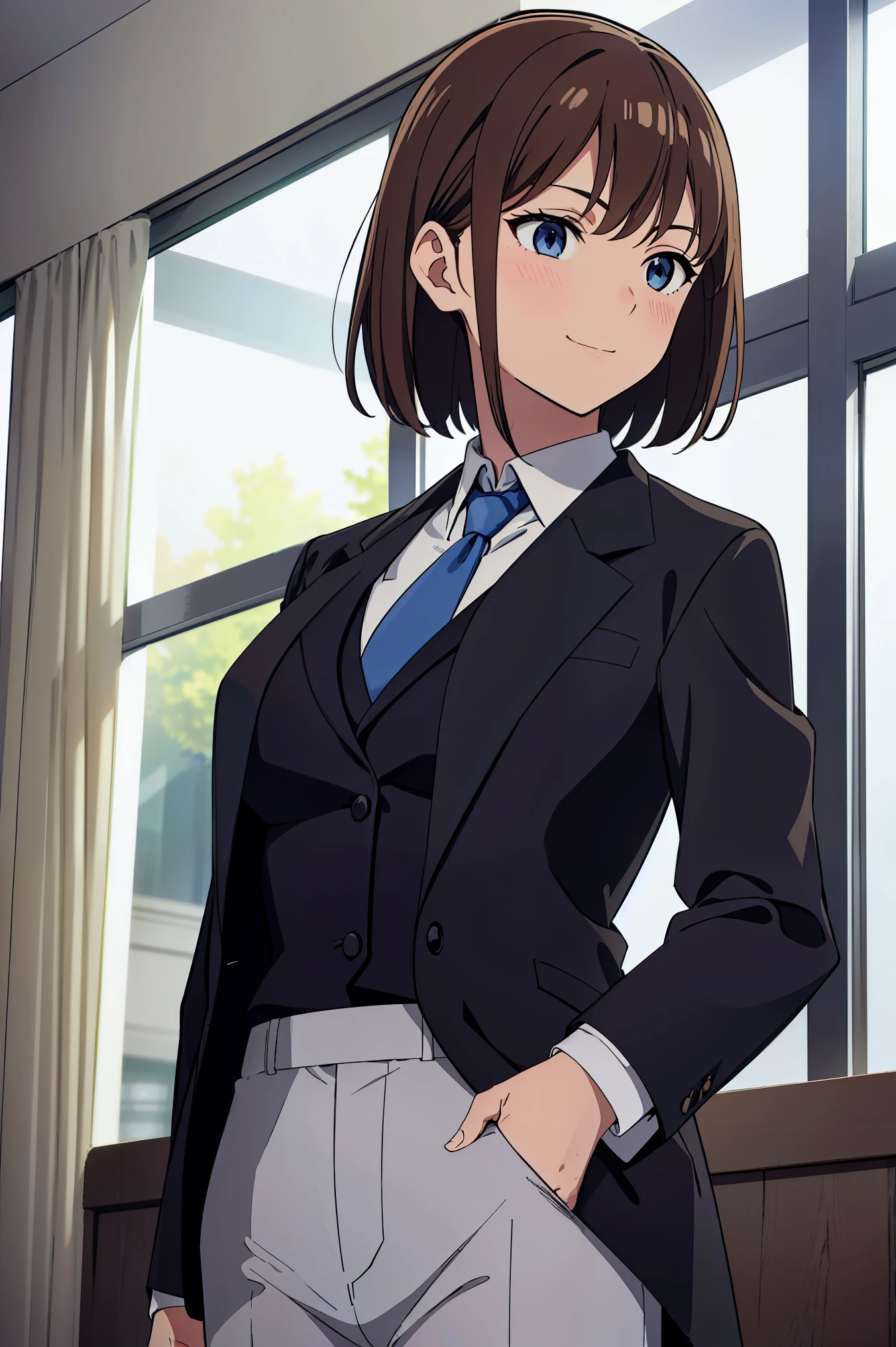 sauce_anime, ambient light,, 1tall girl,
1girl ,, medium hair, beige hair, , bangs, brown eyes,, badass), perfect eyes , Perfect face, expressive eyes,
woman in a black formal attractive suit tuxedo tailcoat standing , 1girl, solo, necktie, brown hair, blue eyes, medium hair, smile, jacket, looking at viewer, shirt, pants, blue necktie, collared shirt, white pants, white shirt, indoors, bangs, long sleeves, closed mouth, window, black jacket, blush, cowboy shot, formal, suit medium breast,